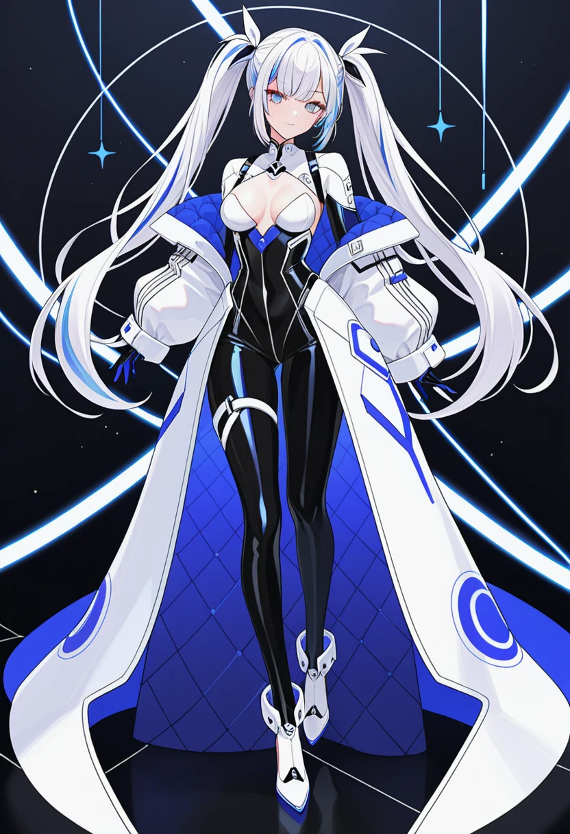 1girl,solo,bodysuit,twintails,high heels,breasts,looking at viewer,multicolored hair,closed mouth,white hair,medium breasts,
newest,very aesthetic,highly detailed,best quality,absurdres,