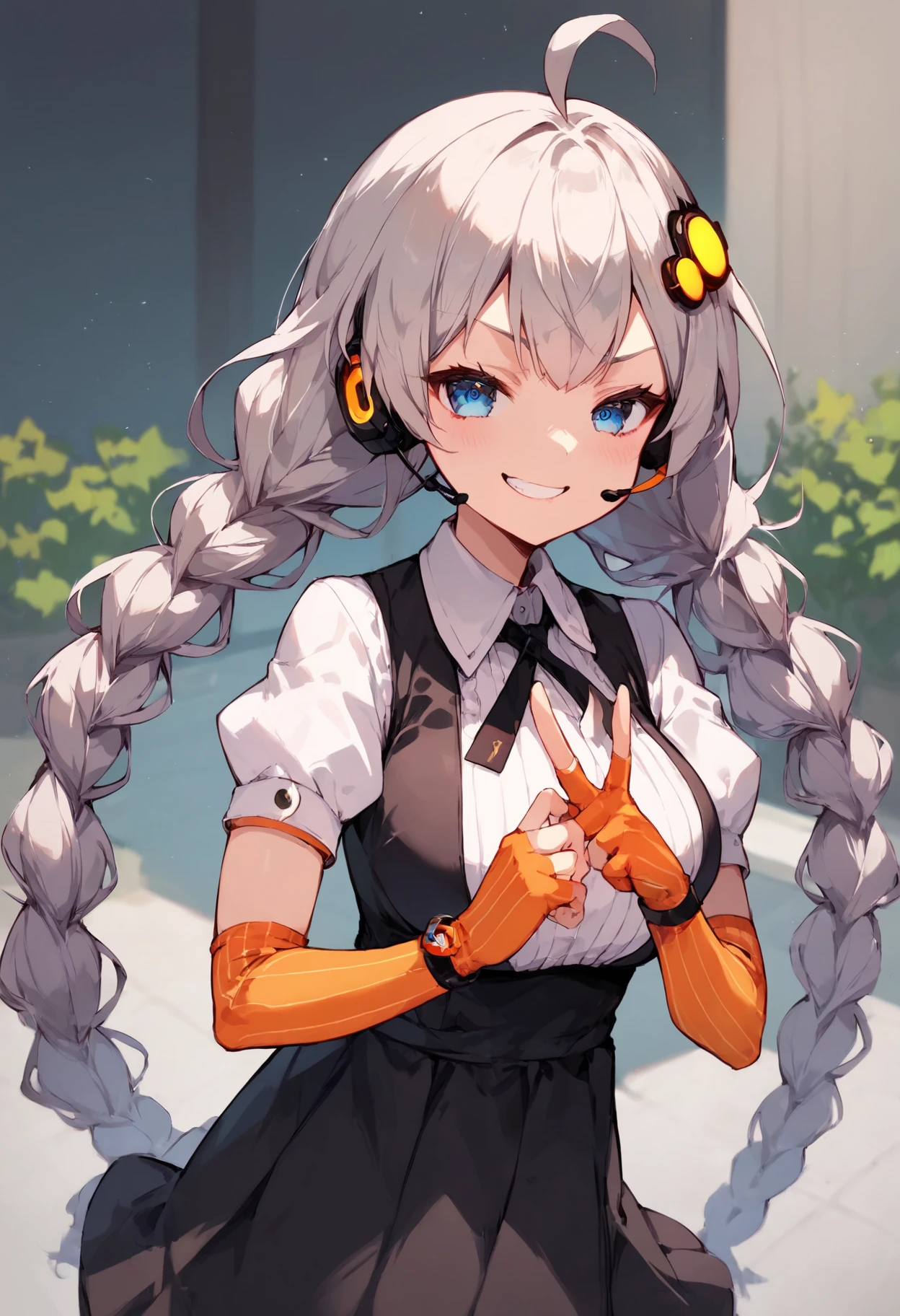 score_9, score_8_up, score_7_up, 
 <lora:KizunaAkari_MMD_Pony_V1:0.95>blue eyes, grey hair,  ahoge, twin braids, braid, very long hair, hair ornament, hair tubes, headphones, headset, 
black dress,  lace-trimmed dress, short sleeves, puffy sleeves, 
orange gloves, striped gloves, elbow gloves, fingerless gloves, bracelet, 
orange pantyhose, striped pantyhose, 
star print, star (symbol), vertical stripes, 
from above,, looking down,, cowboy shot,,
A cafeteria, delicious food, Holding food ,
smile,upper body,huge brests,
smug, smirk, blush,peace sign,