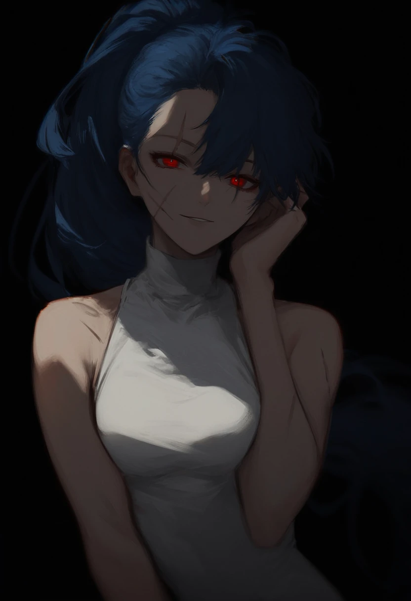score_8_up, 1girl, blue hair, solo, bare shoulders, medium breasts, sleeveless, pants, red eyes, black background, [open fly,:0.2] white leotard, turtleneck, ponytail, long hair, seductive smile, looking at viewer, light blush, face focus, scar across eye
<lora:DarkerThanDarkV1:0.5>