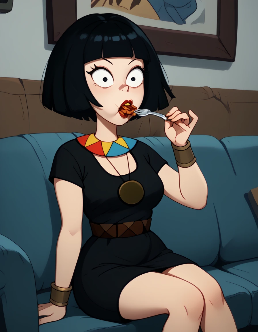 <lora:Ms_Mushburgur:1>1girl, pale, artsy, makeup, black bob-cut hair, blunt bangs, colorful necklace with red blue yellow triangles, brown round pendant, black dress, brown and green belt, gold  and brown bracelet, bracelet, eating, spoon in mouth, shocked, surprised, indoors, sitting on couch, source_cartoon, score_9, score_8_up, score_7_up,