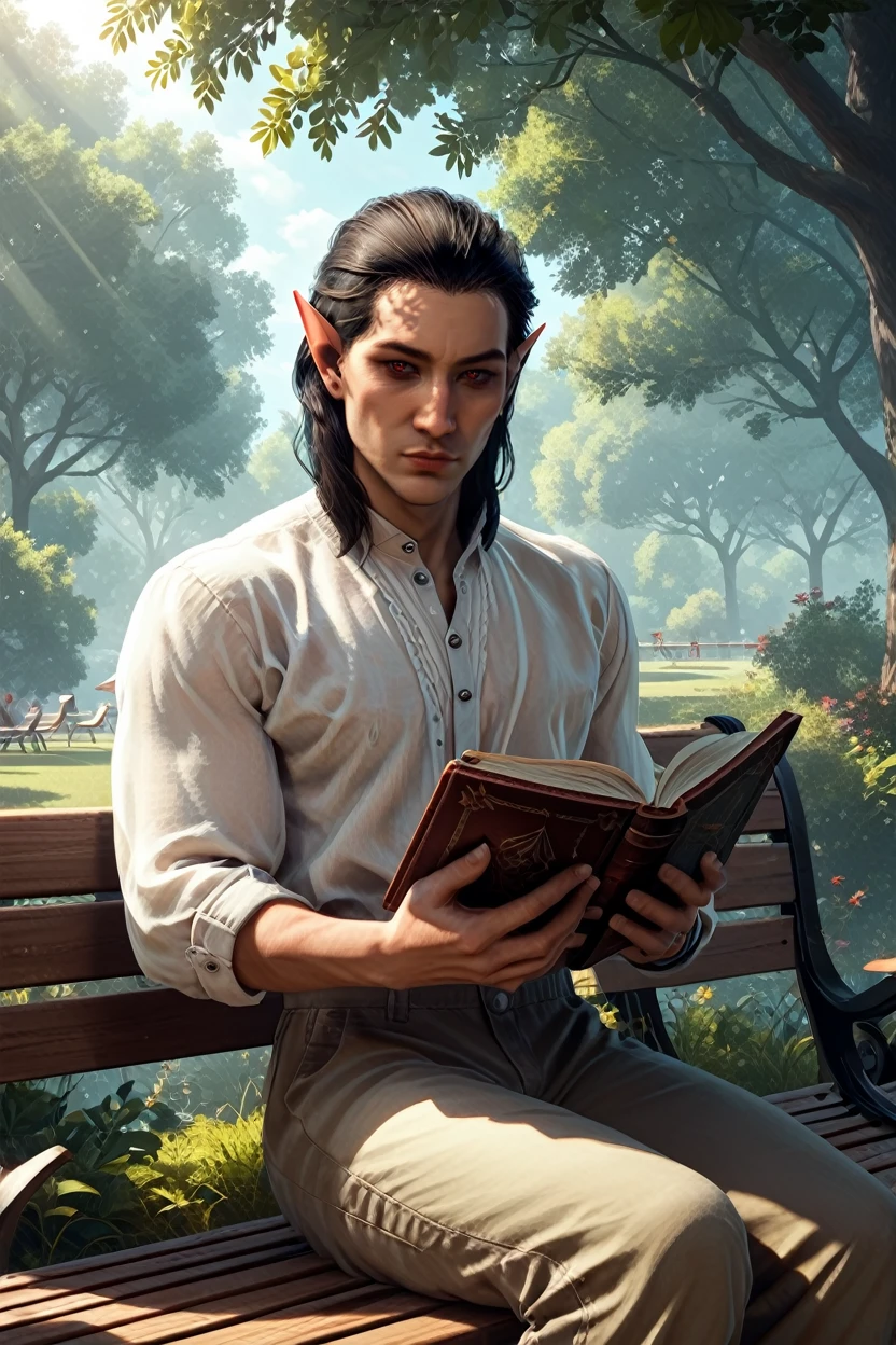 score_9, score_8_up, score_7_up, score_6_up
<lora:BGCazador:1.0>
BGCazador, 1boy, black hair, red eyes, pointy ears, looking at viewer, sitting on a bench in a tranquil park, wearing casual clothes, reading a book, dappled sunlight filtering through the trees, peaceful and relaxed vibe