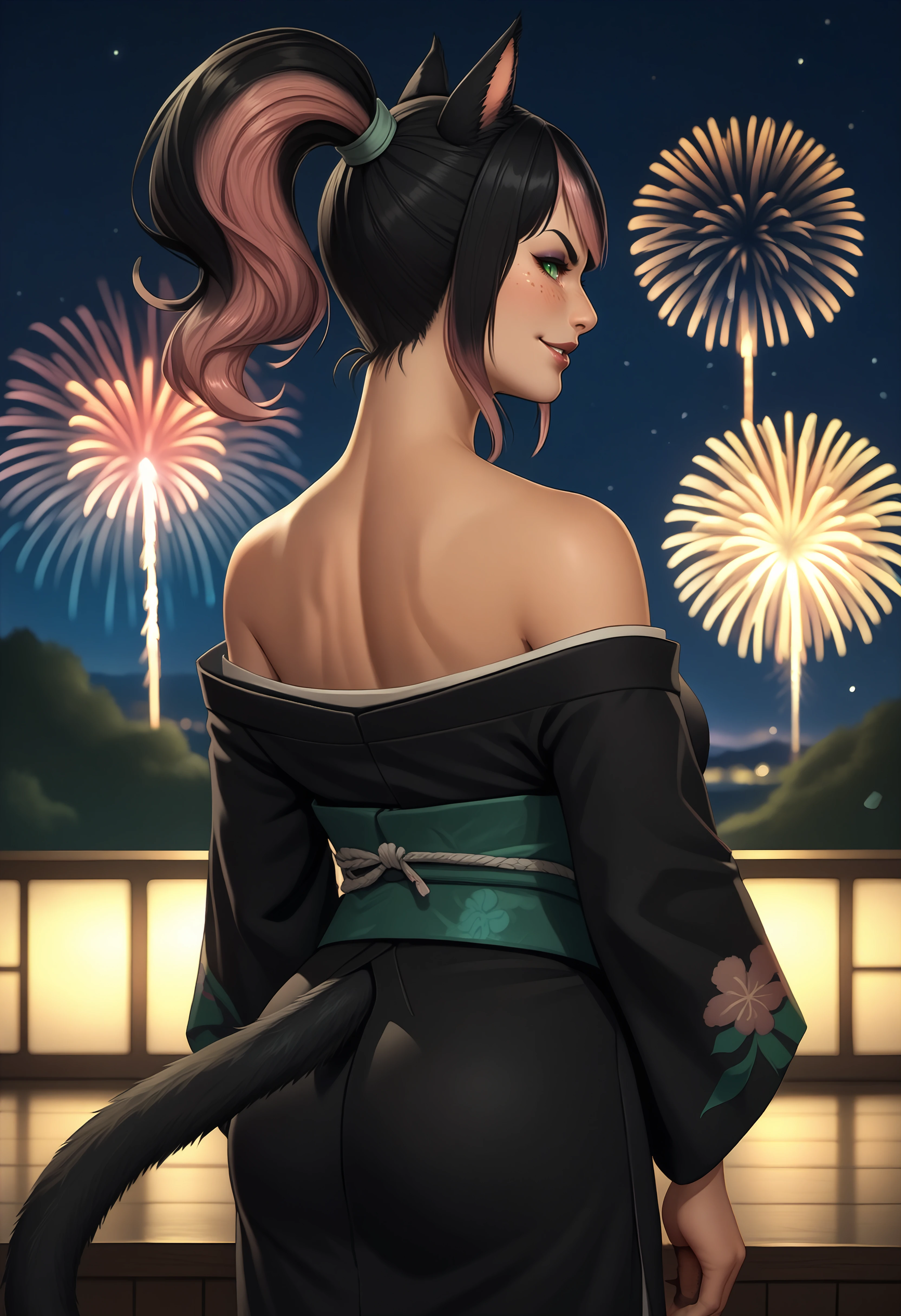 score_9, score_8_up, score_7_up BREAK <lora:clamXIVMC_v31:1> solo, 1girl, xivmc, animal ears, two-tone hair, ponytail, green eyes, slit pupils, freckles, tail, makeup, lipstick, looking back, from behind, off-shoulder kimono, smirk, blush, bare shoulders, rimlight, night, japanese clothes, fireworks, depth of field, arms at sides