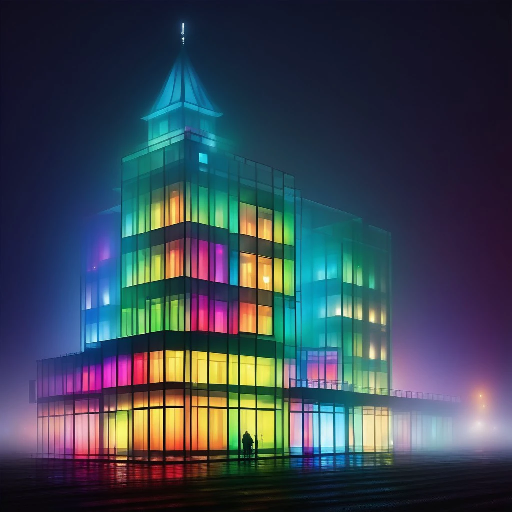 foggy night, glass rococo building, brightly lit from inside, colorful, realistic