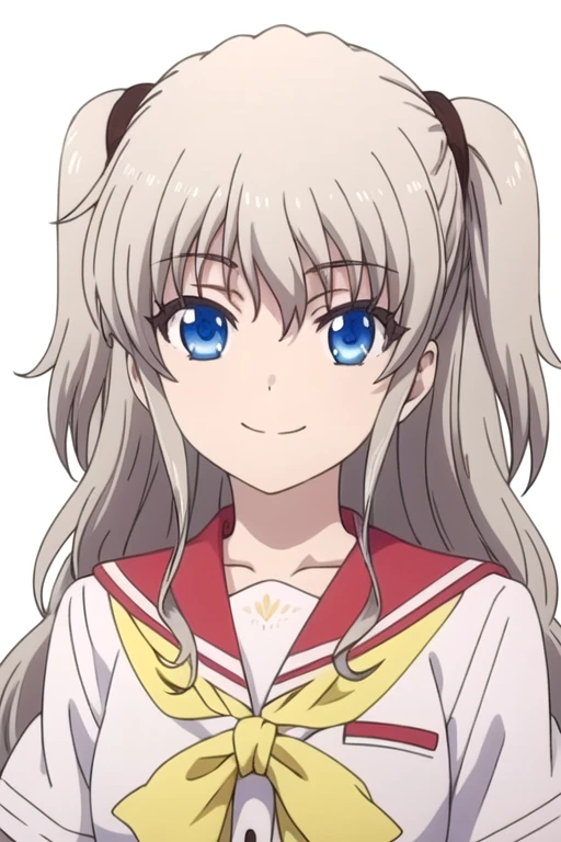 solo, 1girl, looking at viewer, 2D, anime, official style, anime coloring, anime screencap, upper body, (simple background, solid white background:1.3), <lora:nao-charlotte:0.8>, nao tomori, school uniform, serafuku, two side up, smile