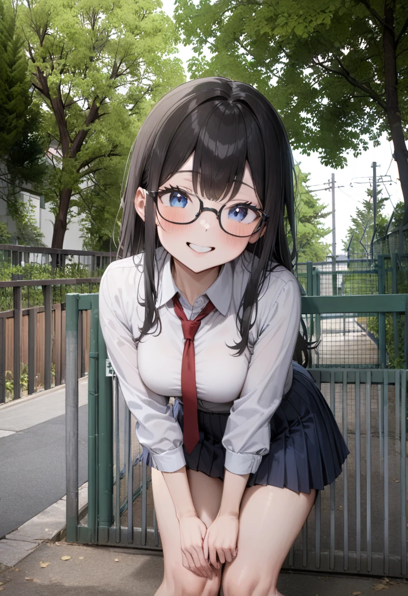 masterpiece, best quality, very aesthetic, absurdres,
1girl, solo, glasses, black hair, long hair, blue eyes, collared shirt, red necktie, pleated skirt, blue skirt, looking at viewer, blush, smile, happy, 
school gate, scenery, tree, outdoors, fence, day, power lines, sign, sky
<lora:schoolgate_SDXL_V1:1>