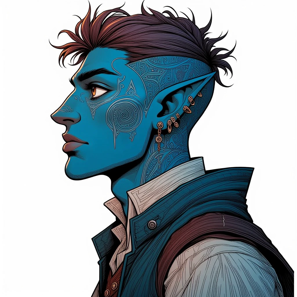 pointy ears, 1boy, colored skin, male focus, solo, jewelry, profile, tattoo, from side, facial tattoo, earrings, vest, blue skin, shirt