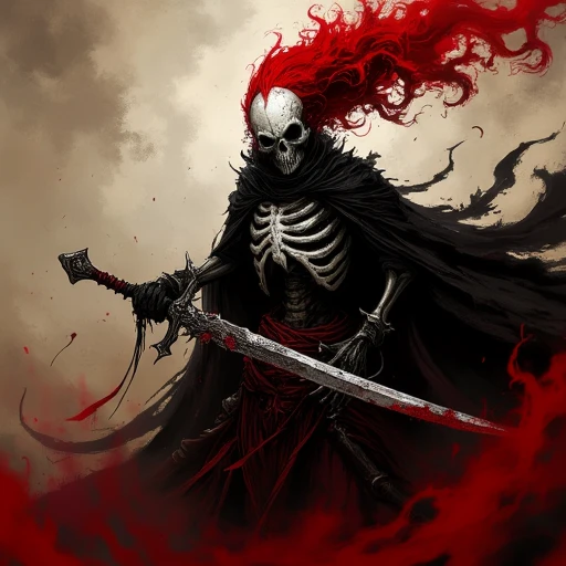 AssassinKahb style a demonic looking skeleton holding a sword with red hair