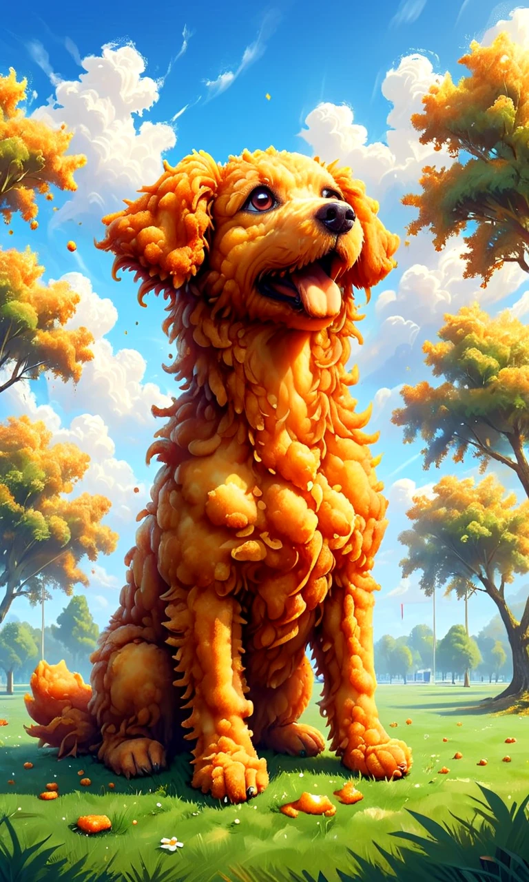 ((masterpiece, best quality)), illustration, digital painting,
<lora:Deep-Fried__Crispy_Style_World_Morph_V2:1> dfc, a dog made of deep fried & crispy breading, in a park, playful, day time, sunny sky, clouds, grass, tree,