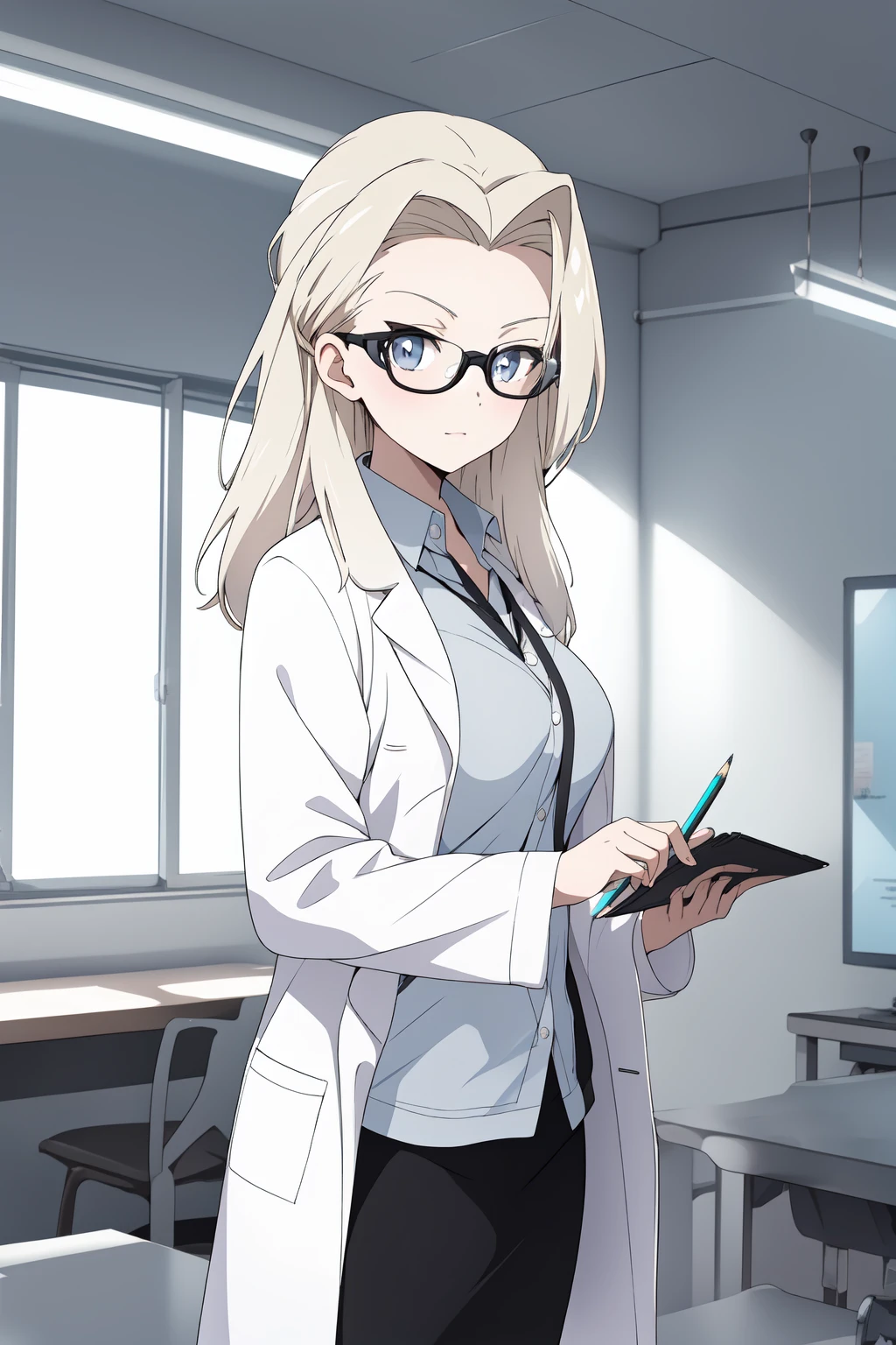 (RAW photo, best quality), 1girl,  natural lighting,
 <lora:girls_und_panzer_klara_1_2:1> panzer_klara, labcoat, shirt, pencil skirt, eyeglasses,