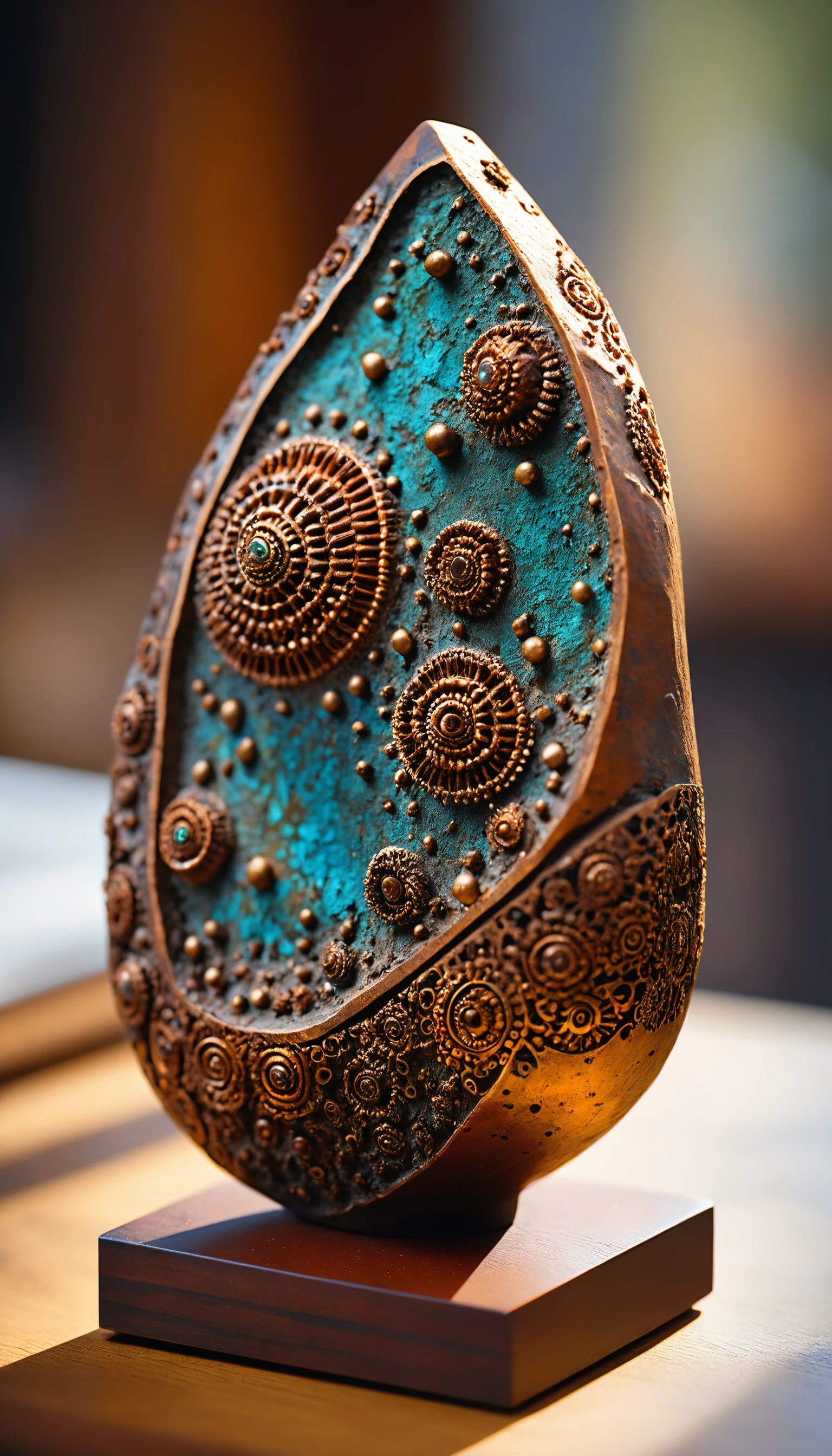 hi-res photo,a stunning corroded bronze of a strange shaped rock,and trace traces of oxidative rust,and intricate patterns,still life,desktop ornament,wooden base,no humans,shiny,long-focus,tilt-shift,miniature,8K,masterpiece,best quality,highly detailed,high resolution,finely detail,extremely detailed,ultra detailed,wallpaper