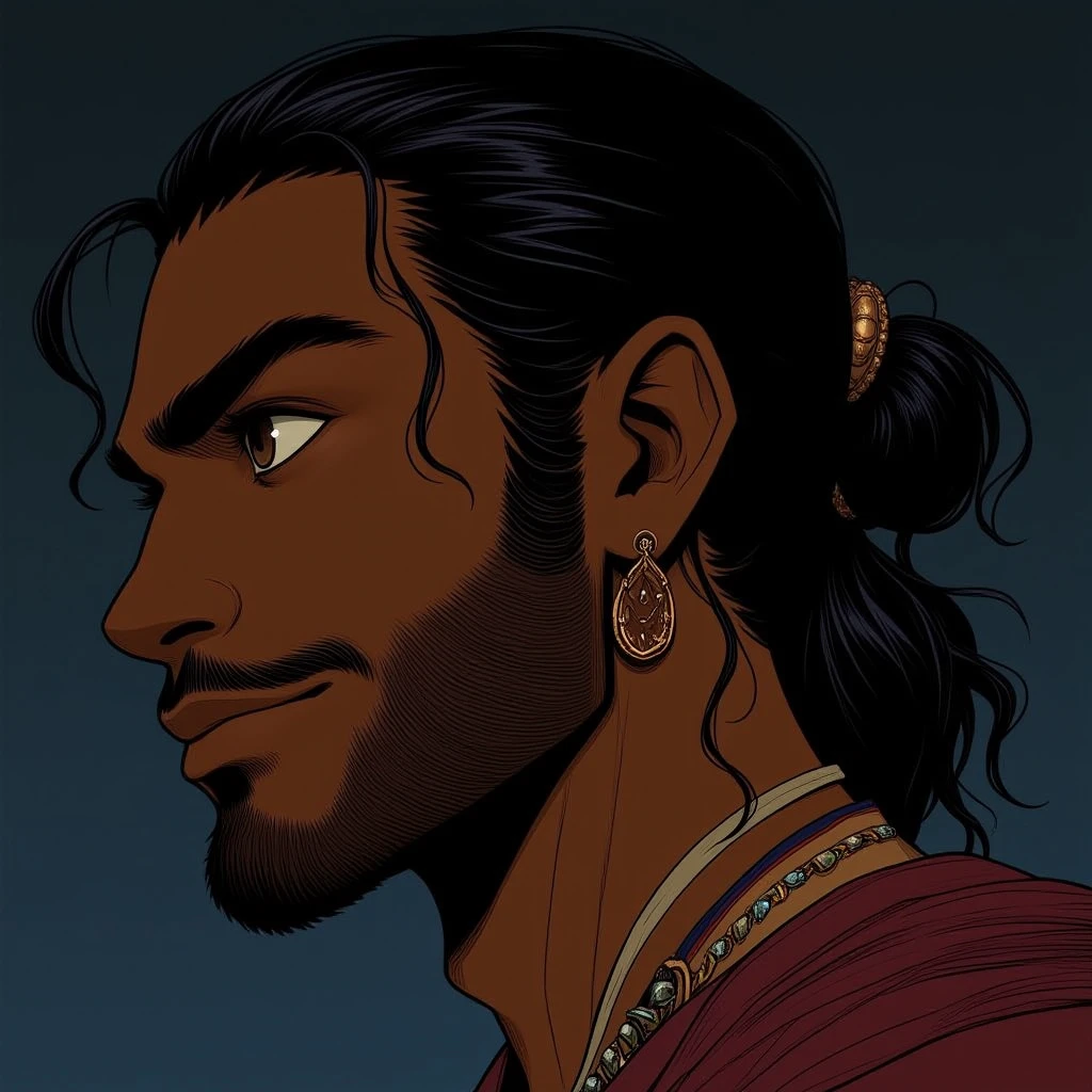 1boy, male focus, solo, dark-skinned male, dark skin, facial hair, earrings, jewelry, beard, black hair, thick eyebrows, brown eyes, arabian, 1000 and 1 night, concept art