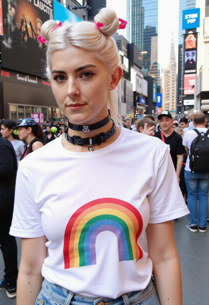 A action cam photograph of a p3r5on wearing a white t-shirt with a rainbow design, accessorized with pink hair clips, a choker, and a black choker, standing  in Times Square. In the background there are people and buildings clearly visible