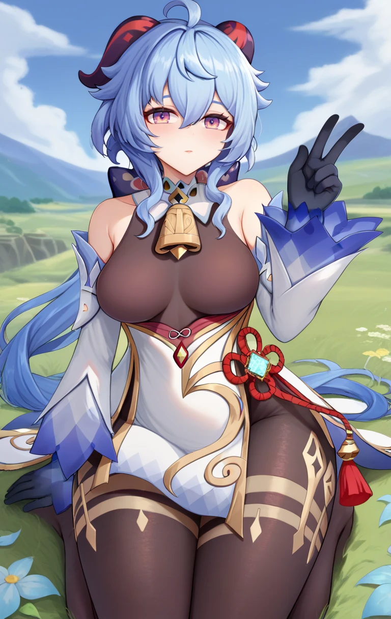 score_9,score_8_up,score_7_up BREAK <lora:ganyu:0.9>,ganyuSDXL,1girl,long hair,gloves,long sleeves,bow,bare shoulders,blue hair,purple eyes,ahoge,pantyhose,sidelocks,detached sleeves,horns,black gloves,bell,tassel,neck bell,low ponytail,white sleeves,gold trim,vision (genshin impact),bodystocking,thighlet,waist cape,flower knot,chinese knot,ganyu (genshin impact),cowboy shot,landscape,kneeling, v,