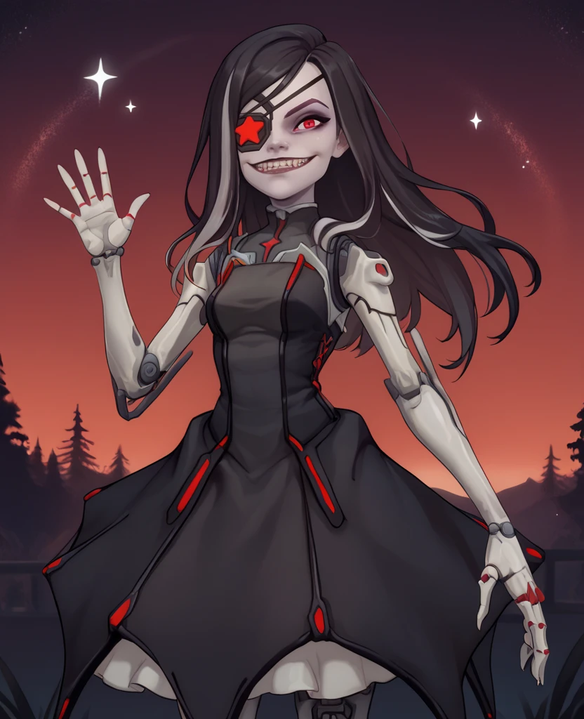 score_9, score_8_up, score_7_up, score_6_up, beatrixxl, red eyes,  black hair, grey streaked hair,   long hair eyepatch, mechanical arms, 
black dress,  smile,     sharp teeth,    waving,   
 solo,   standing, smile,  looking at viewer,      
stars,  red sky,  night,  
  looking at viewer,  <lora:BeatrixXL:0.8>