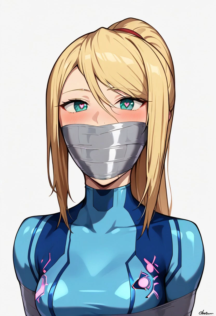 score_9,masterpiece,source_anime,2d,1girl, samus aram,zero suit,detailed face,heart shaped pupils, blushed, wrap gag, tape gag