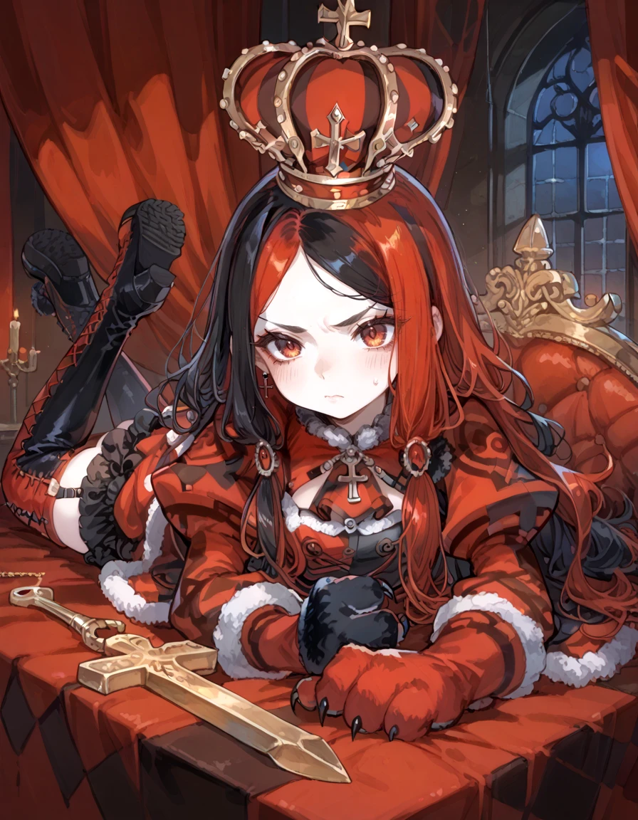 <lora:lovredqueen03:0.8>lovredqueen,
score_9, score_8_up, score_7_up,
1girl, pale skin, multicolored hair, black hair, garter straps, thigh boots, cross-laced footwear,( animal hands:0.8),
troubled eyebrows,
on stomach,
character focus,