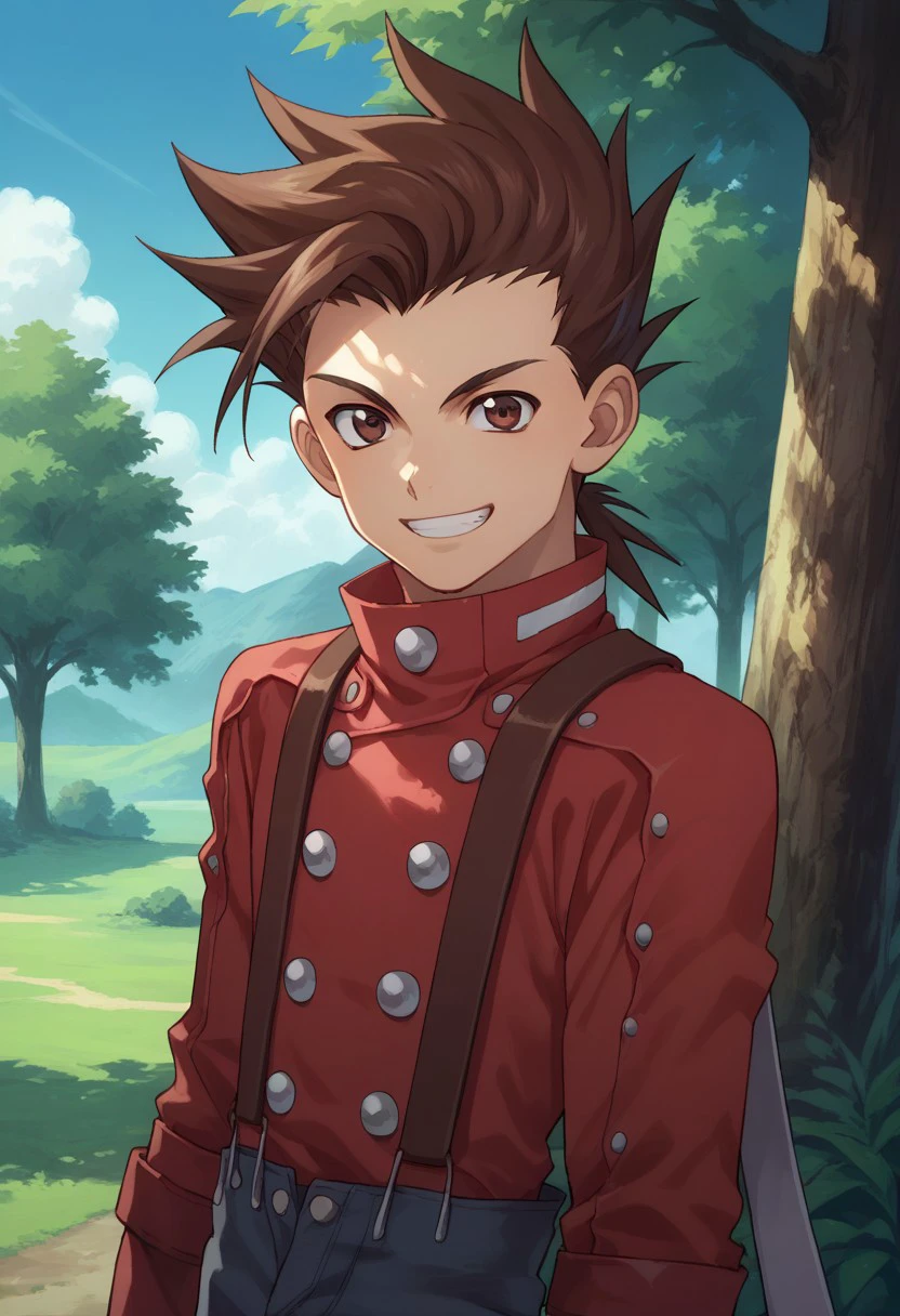 score_9, score_8_up, score_7_up, source_anime, highly detailed, 
lloyd, 
1boy, brown hair, red shirt, male focus, solo, shirt, gloves, brown eyes, spiked hair, suspenders, looking at viewer, smile, grin,
outdoor, sky, tree