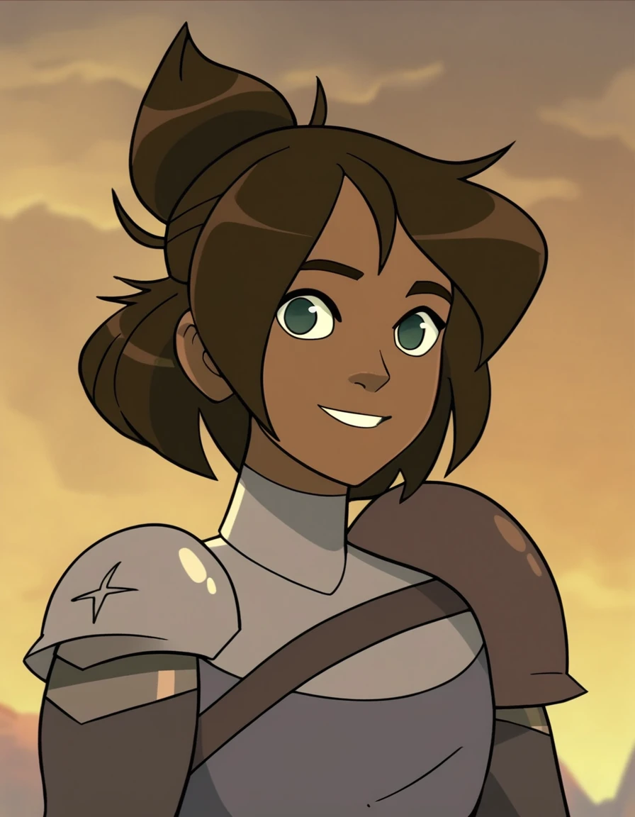 <lora:Rider.CentaurWorldPony:0.9>rider, brown hair, 1girl, hair bun, solo, dark-skinned female, armor, short hair, shoulder armor, upper body, green eyes, smile score_9, score_8_up, score_7_up, score_6_up, score_5_up, score_4_up,, looking at viewer, cowboy shot,outdoors, cloudy sky,