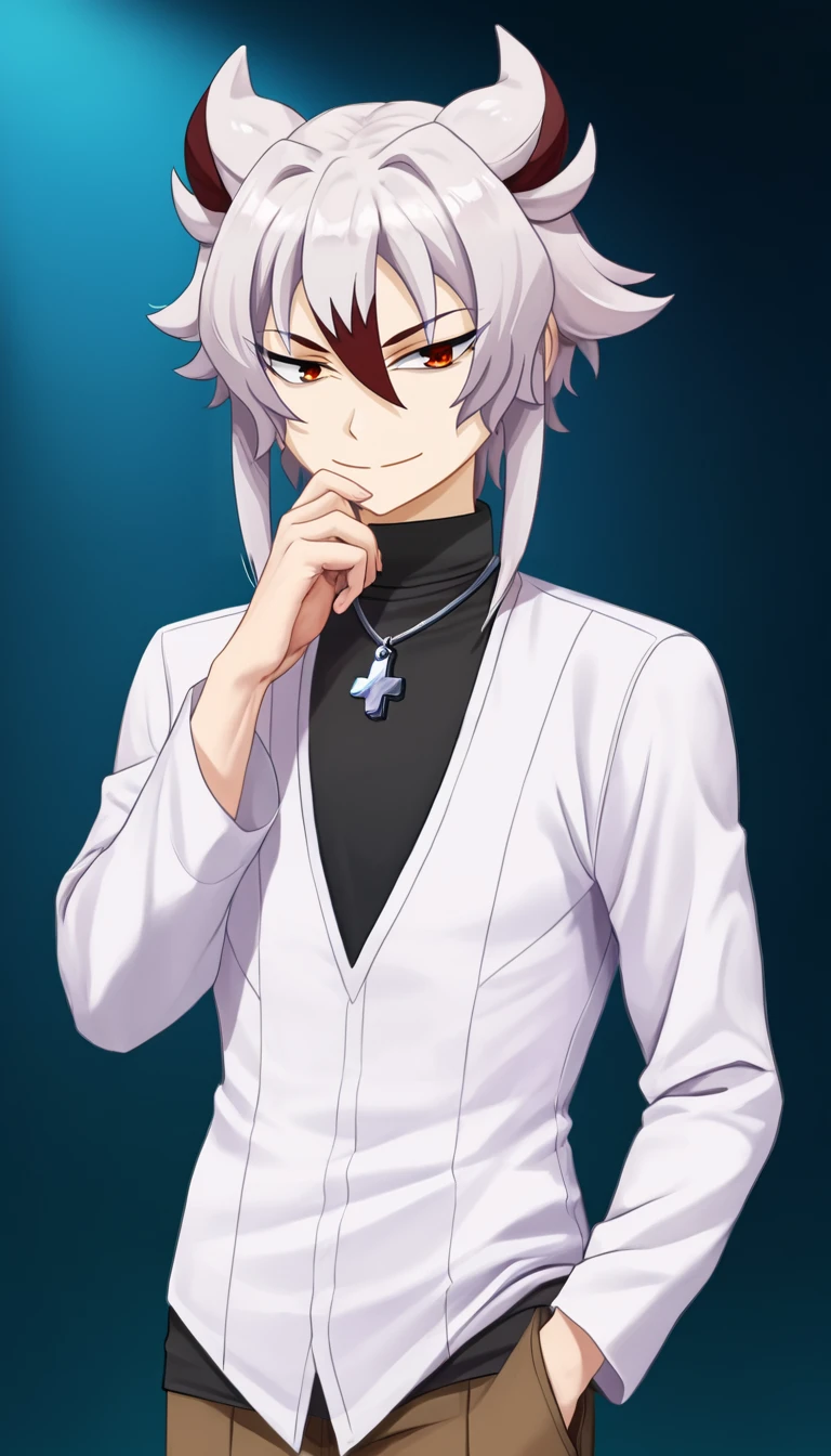 rating_safe, embedding:zPDXL2,  looking_at_viewer,1boy,kyoya gaen,,cross necklace,white v-neck shirt,black turtleneck,smile,cowboy_shot, hand on own chin,
