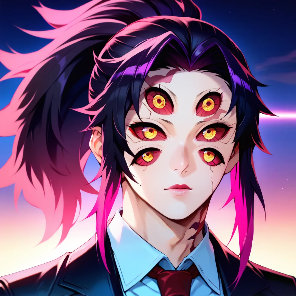 neonpunk style, score_9, score_8_up, score_7_up, score_6_up, score_5_up, score_4_up BREAK k0k, 1boy, extra eyes, six eyes, solo, red sclera, yellow eyes, ponytail, long hair, floating hair, black hair, red hair, multicolored hair, scar on face, looking at viewer, cowboy shot, <lora:KokushiboPDXLv0.9tx1-000009:1>, cyberpunk, vaporwave, neon, vibes, vibrant, stunningly beautiful, crisp, detailed, sleek, ultramodern, magenta highlights, dark purple shadows, high contrast, cinematic, ultra detailed, intricate, professional