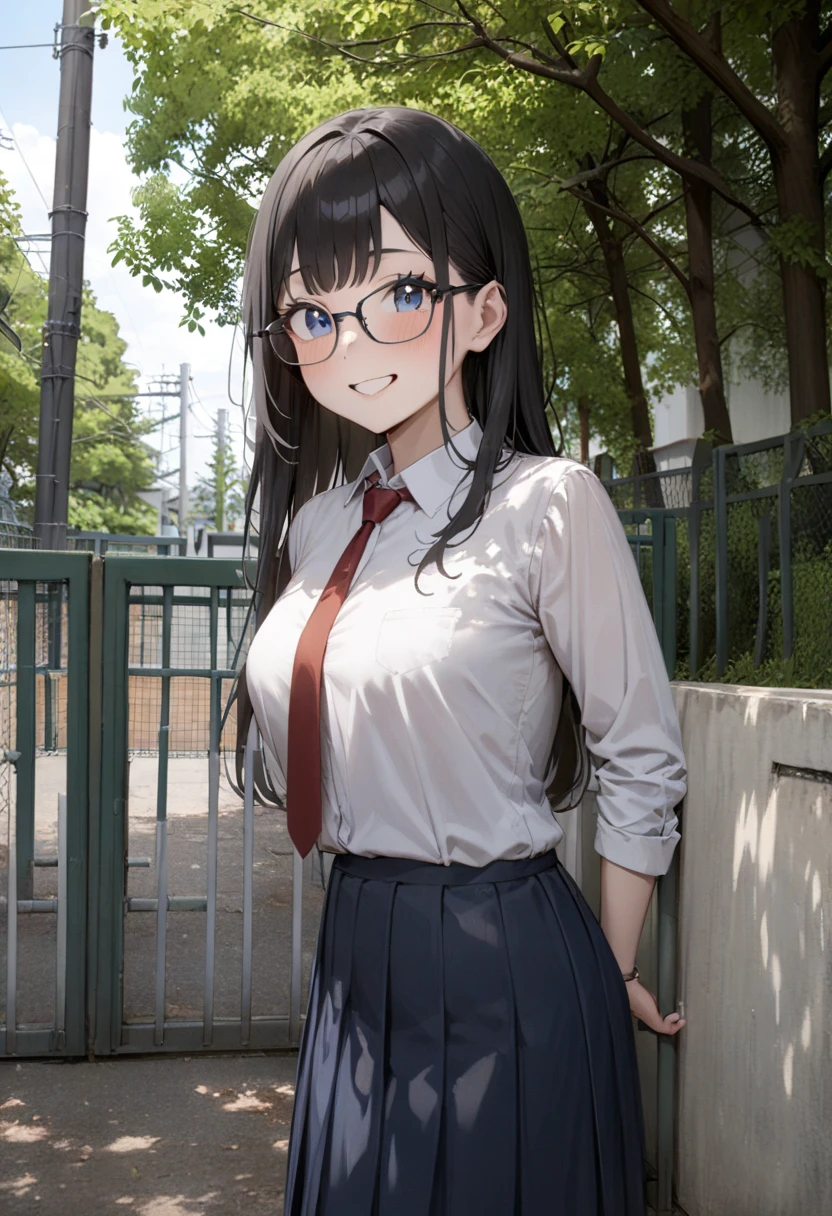 masterpiece, best quality, very aesthetic, absurdres,
1girl, solo, glasses, black hair, long hair, blue eyes, collared shirt, red necktie, pleated skirt, blue skirt, looking at viewer, blush, smile, happy, 
school gate, scenery, tree, outdoors, fence, day, building, power lines, real world location, sky
<lora:schoolgate_SDXL_V1:1>