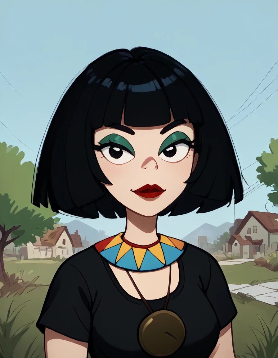 <lora:Ms_Mushburgur:1> 1girl, pale, artsy, makeup, black bob-cut hair, blunt bangs, colorful necklace with red blue yellow triangles, brown round pendant, black dress, portrait, looking at viewer,, source_cartoon, score_9, score_8_up, score_7_up,