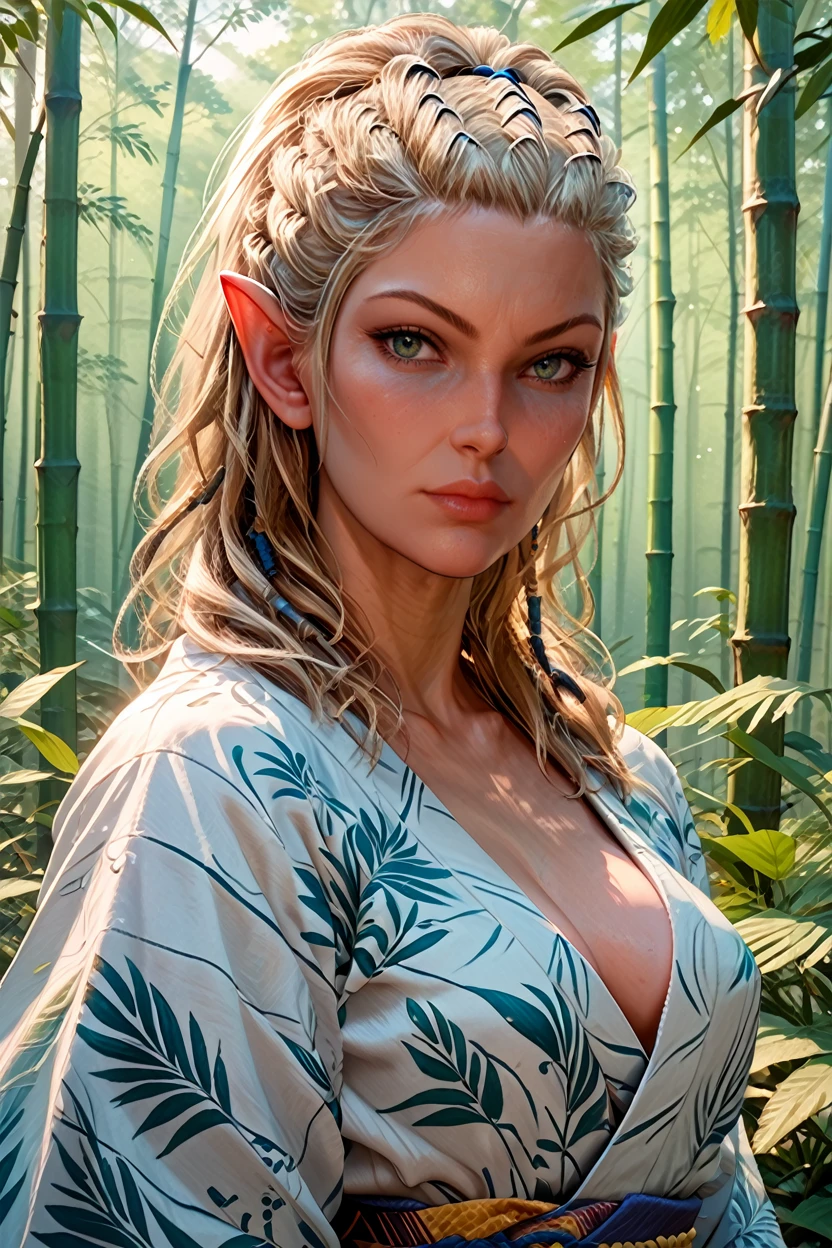 ((jungles)),(elf milf),((Crouch on tree)),((white tattoo covering whole body:1.4)),flower ribbon,(golden hair),Detailed face details,((thick body: 1.4)), (Curvy:1.35),Curvy physique,compelety naked，bare leg,puffy areola,lust expressions