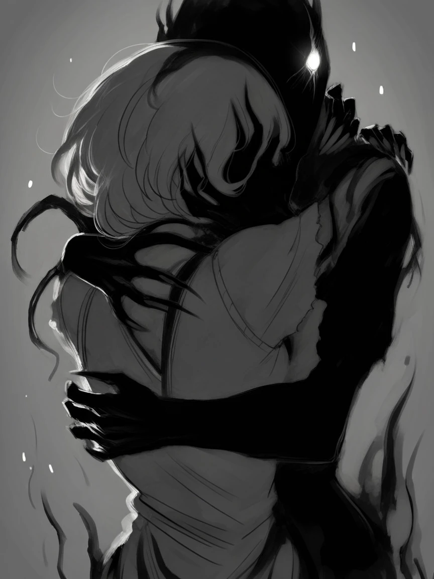 score_9, score_8_up, score_7_up, score_6_up, score_5_up, <lora:th3d4rkXLP:1> th3d4rk, darkness, shadow, 1girl, monochrome, hug