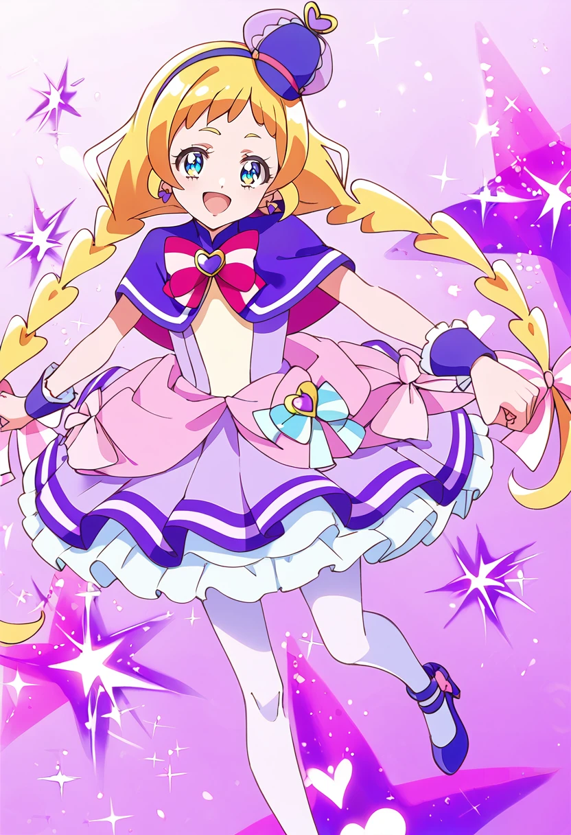 score_9, score_8_up, score_7_up, source_anime, BREAK
cure friendy, 1girl, blonde hair, solo, smile, blue eyes, open mouth, twin braids, full body, :d, looking at viewer, standing, capelet, purple footwear, outstretched arm, purple background, pink background, striped bow, sparkle, white legwear, clenched hand, outstretched hand, blue headwear, bangs, wrist cuffs, floating hair, clothes around waist, earrings, pink bow, white skirt, eyelashes, happy, pouch, striped neckwear, blue capelet, flat chest, purple capelet, pink neckwear, white dress, very long hair, short dress, red neckwear, multicolored neckwear, bowtie, mini witch hat, mismatched eyelashes, hand up, blue footwear, aqua eyes, sweater around waist, shiny hair, low twintails, dress bow, wristband, pink headwear, purple bow, gradient background, blush, standing on one leg, miniskirt, multicolored clothes, purple theme, white bow, heart brooch, purple dress, petticoat, dot nose, multicolored bow, deerstalker, purple headwear, white pantyhose, tilted headwear, multicolored background, hat ornament, light particles, multicolored eyes, purple hairband, purple pantyhose, white thighhighs, bow earrings, pink footwear, multicolored hair, sleeveless dress, pink dress, low twin braids, triangle earrings, frills, frilled dress, high heels, striped clothes, lens flare
<lora:cure_friendy_inukai_iroha_sdxl_locon_pony_v1:0.7>