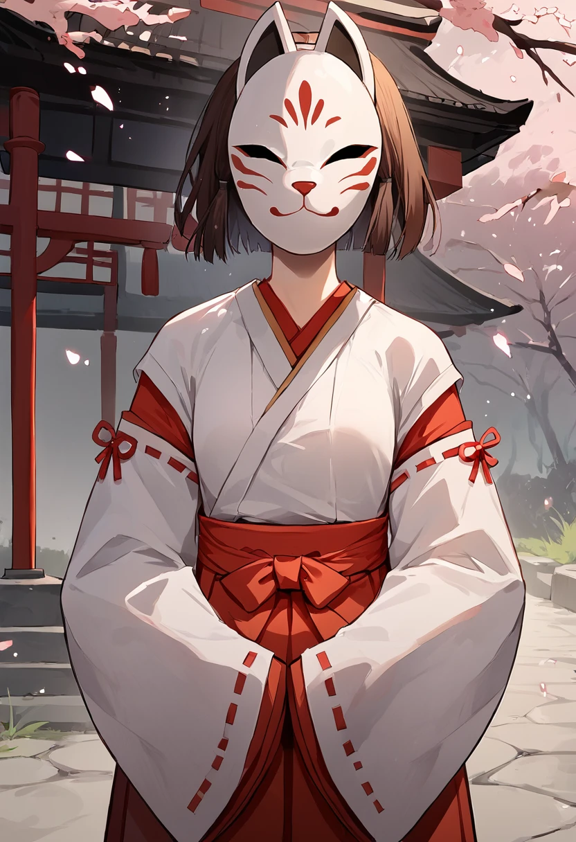 score_9, score_8_up, score_7_up, uncensored, masterpiece, best quality, source_anime BREAK 1girl, solo, kazari, mask, fox mask, covered face, faceless, short hair, brown hair, Expressiveh, miko, japanese clothes, hakama, wide sleeves, sleeves past wrists, red hakama, cowboy shot, outdoors, shrine, hakurei shrine <lora:Expressive_H:0.6> <lora:add-detail-xl:0.5> <lora:KazariHanachirusato:0.85>