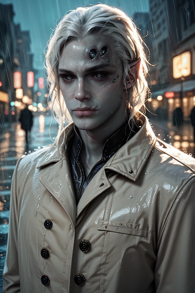 score_9, score_8_up, score_7_up, score_6_up
<lora:BGKarniss:1.0>
BGKarniss, 1boy, white hair, extra eyes, grey skin, looking at viewer, standing in a rain-soaked street at night, wearing a trench coat, water droplets glistening, moody and cinematic, city lights reflecting in puddles