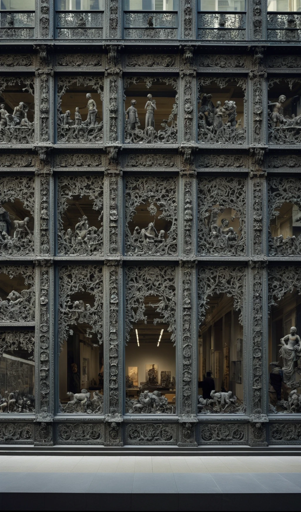 ornate carved  oxidized museum in urban city
 windows carved out
<lora:archmat702:1>