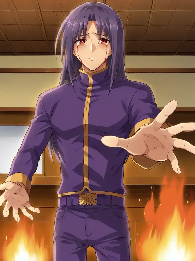 <lora:Ragou_Karasuma:0.7>
1boy, solo, karasumaonlyyou, yonragou, red eyes, long hair, purple hair, grey hair, purple shirt, long sleeves, purple pants, standing, indoors, fire, interior in flames, sad, parted lips, blood tears, reaching the viewer,