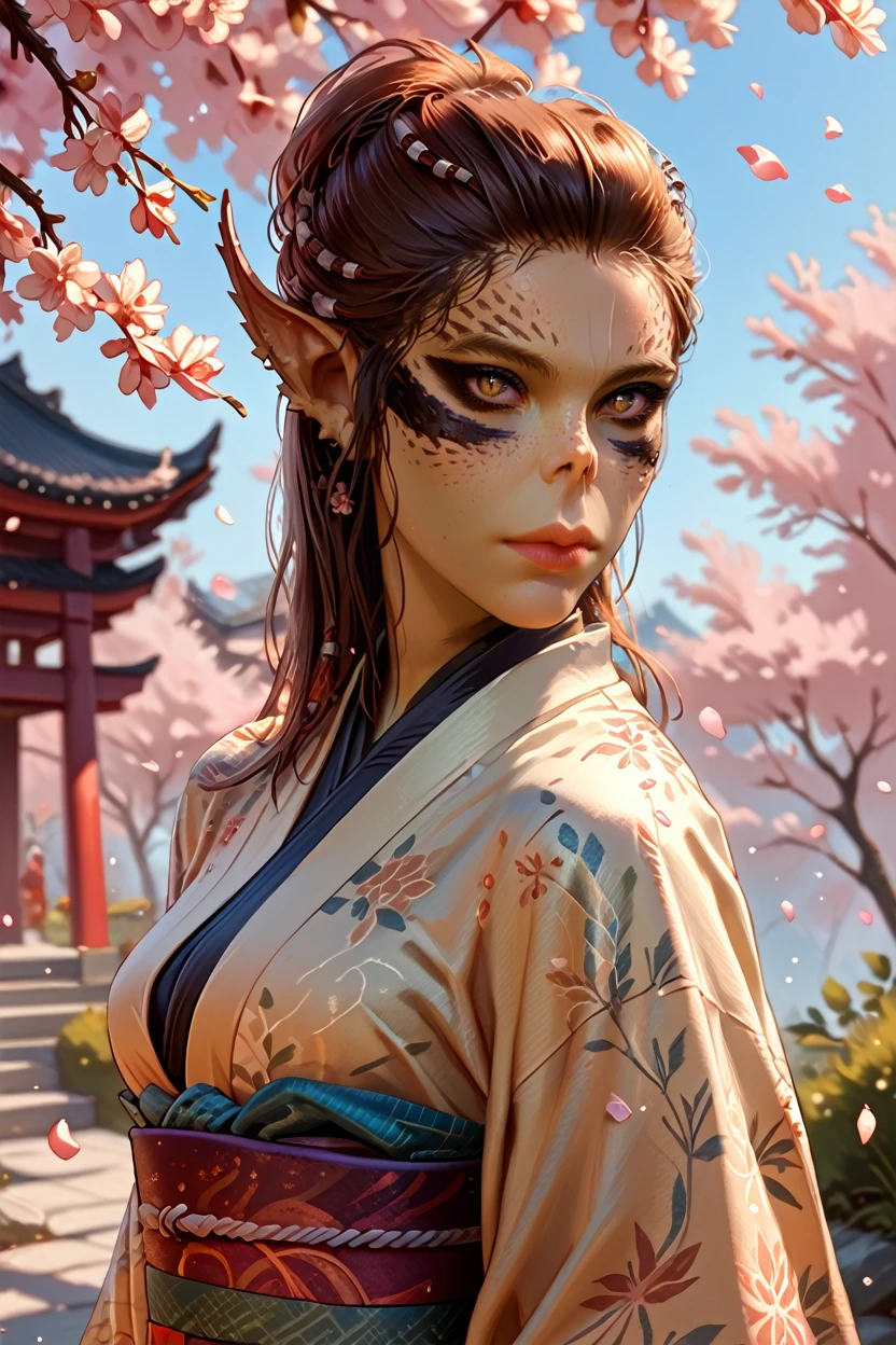 score_9, score_8_up, score_7_up, score_6_up
<lora:BGLaezel:1.0>
BGLaezel, 1girl, brown hair, colored skin, pointy ears, looking at viewer, in a traditional kimono, surrounded by cherry blossoms