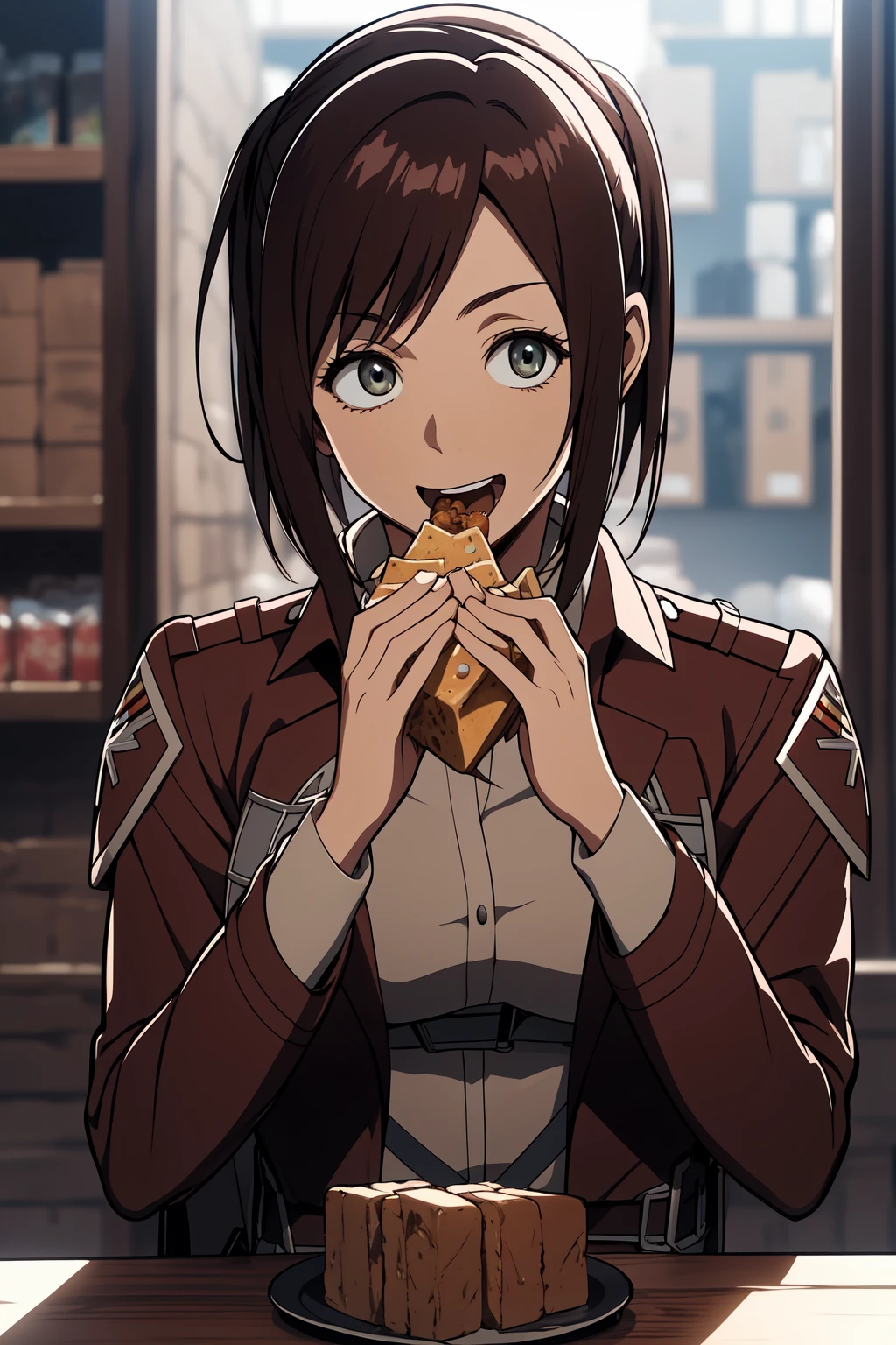 (RAW photo, best quality), 1girl,  natural lighting <lora:aot_sasha_young_v1_2:1> aot_sashaï¼
paradis military uniform, emblem, eating snacks, happy,