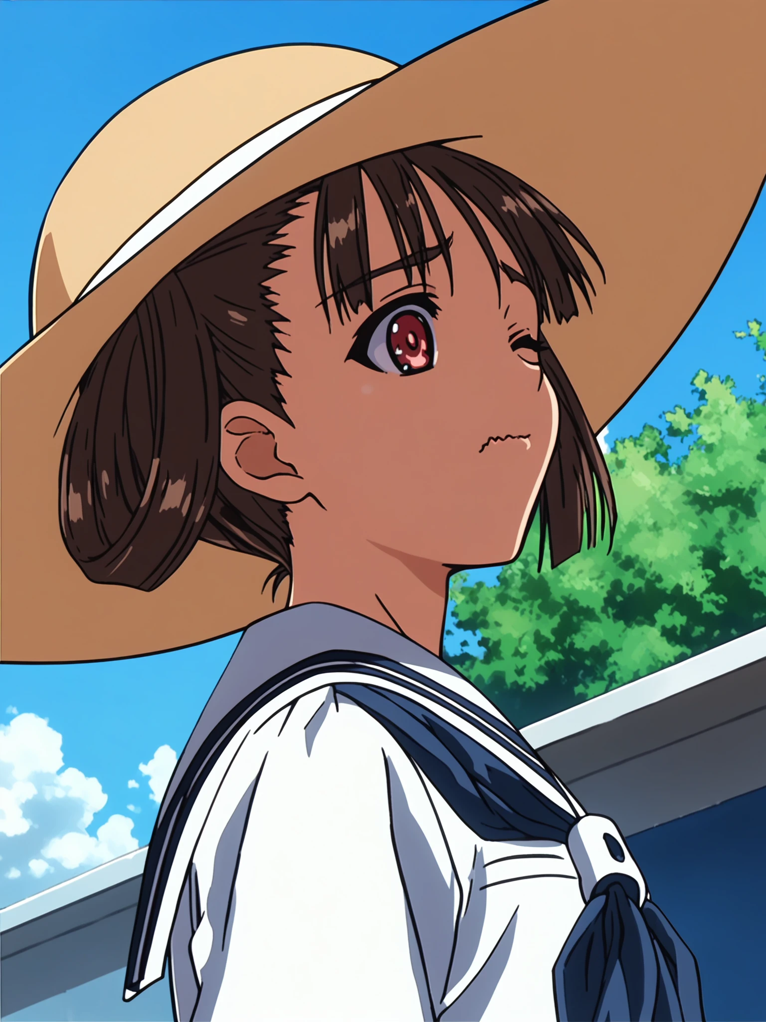 <lora:happy_tentacle-natsume-v0.2-000030:0.9>, ht_natsume, school uniform, sailor collar, sun hat, outdoors, summer, blue sky , 1girl, solo, upper body , , ( wince , wavy mouth :1.1), looking down , score_9, score_8_up, score_7_up, score_6_up, score_5_up, score_4_up