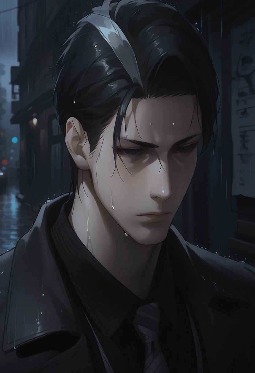 score_9, score_8_up, score_7_up, source_anime, rating_safe, raining, wet, AzamiSNS, (black-white Azami hair), black Azami eyes, 1boy, male focus, coat, frown, hair strands, blurry outdoor alley, dark theme, low light,  Expressiveh, sad-gloomy,