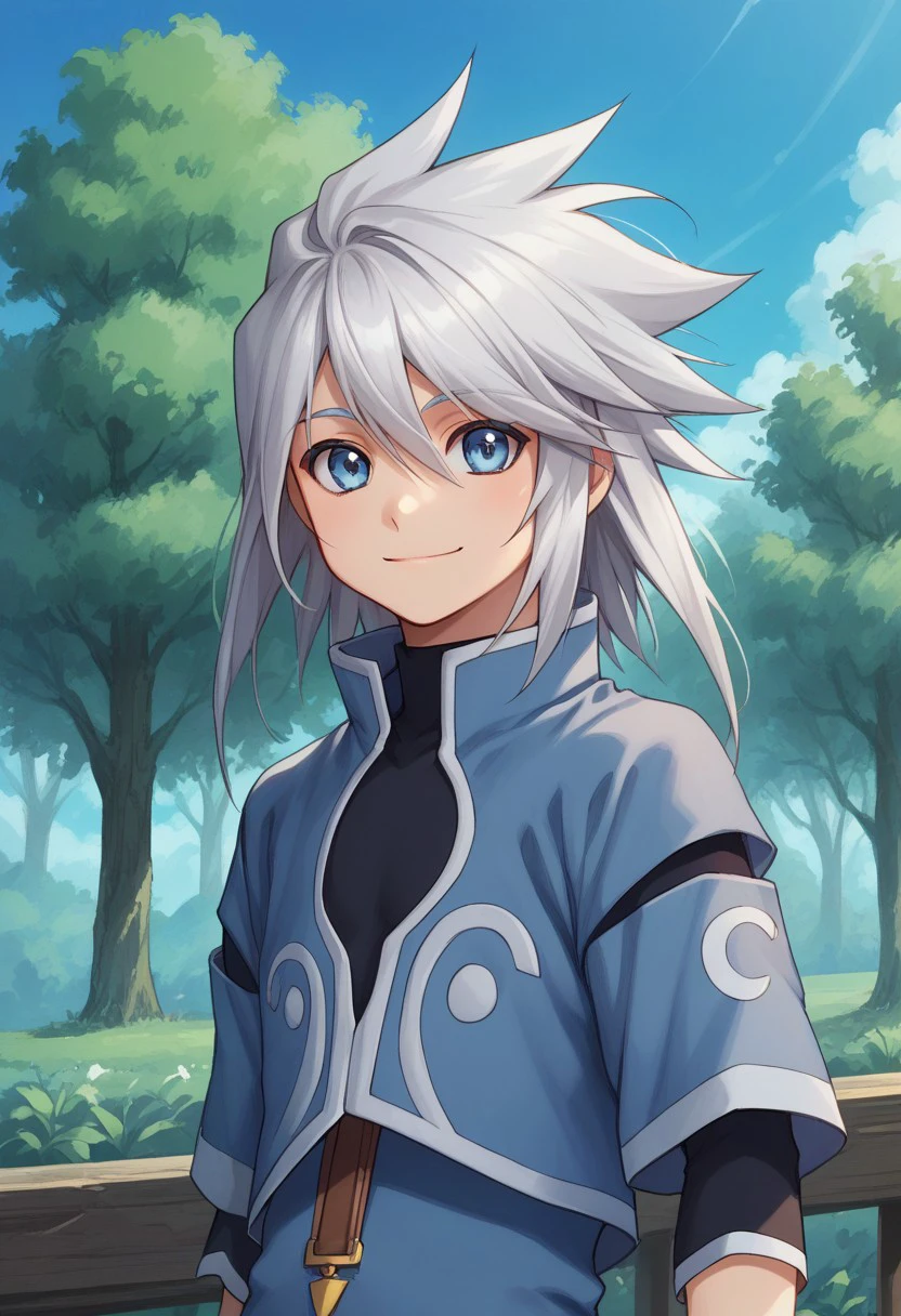 score_9, score_8_up, score_7_up, source_anime, highly detailed, 
genis, solo, male focus, 1boy, long hair, smile, shirt, shorts, jacket, black shirt, blue jacket, standing, looking at viewer, bracelet, jewelry, silver hair, upper body, blue eyes, slender, skinny
outdoor, sky, tree,