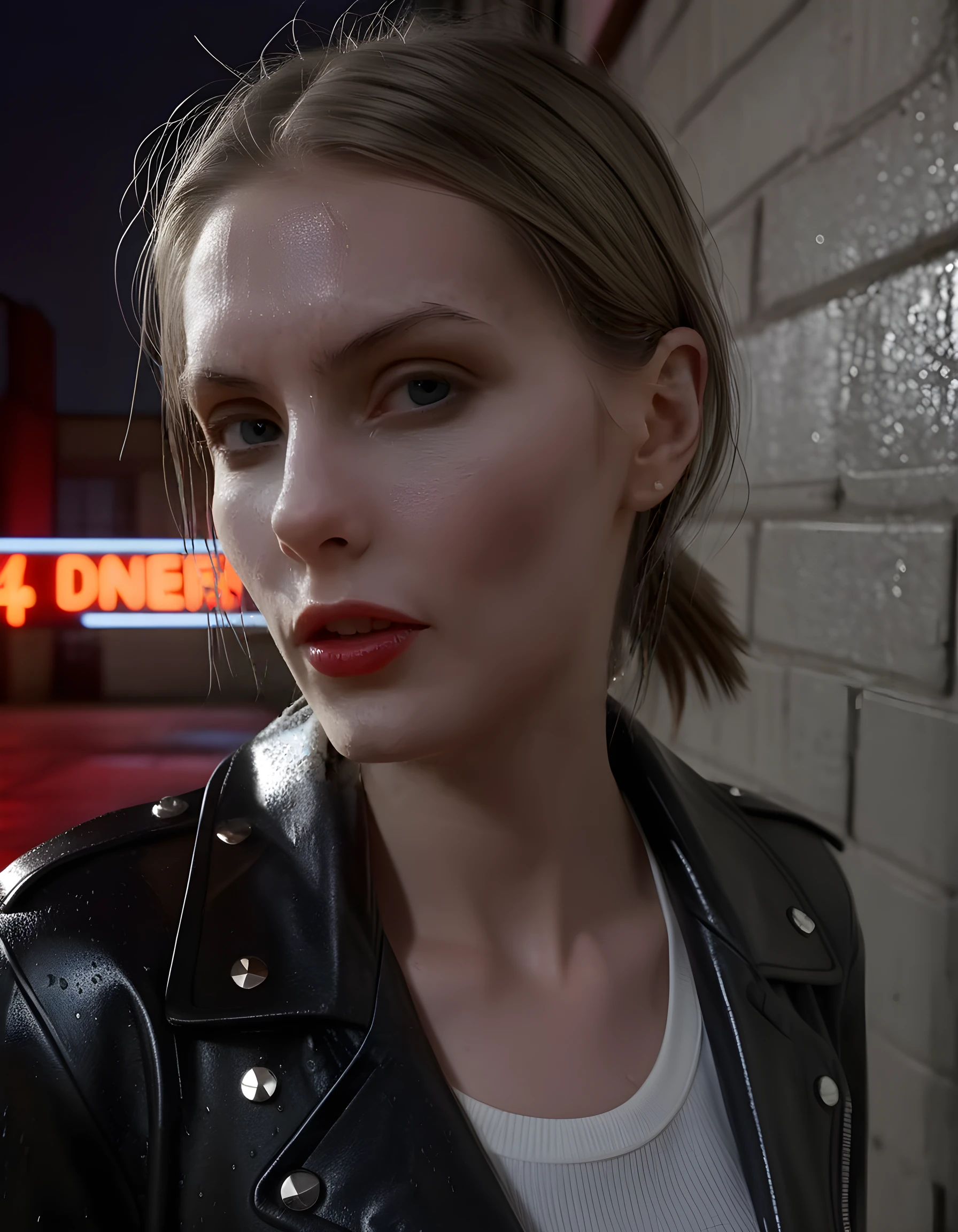 In a gritty, urban noir setting, the enigmatic N4T45H4, a woman clad in a sleek black leather jacket with intricate silver studs and a red lipstick-stained white shirt, gazes intently at the viewer with parted lips that exude an air of both vulnerability and defiance. The soft, warm glow from the neon signs of a nearby diner spills onto her face, casting dramatic shadows across her sharp features, as she stands against the cold, wet concrete alleyway wall. The image is captured in a close-up portrait shot that emphasizes the raw emotion in her expressive eyes, making the viewer feel as if they are locked in a intense, intimate moment with this mysterious and captivating figure.