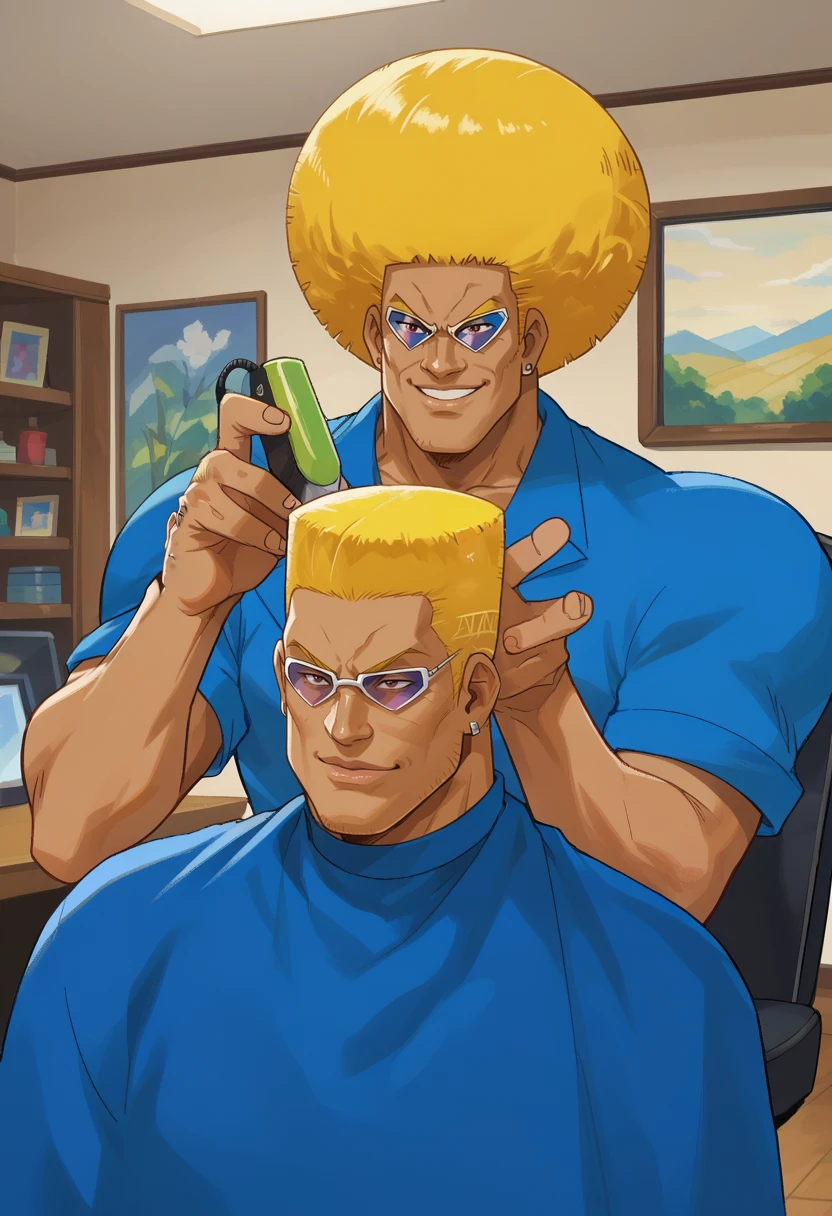 zPDXL3, indoors, barber chair, <lora:Bobobo-bo_Bo-bobo:1> <lora:add-detail-xl:2> <lora:HaircutMeme_XLPD:1>
(1boy, solo:1.2), bobobo-bo bo-bobo, (muscular), afro, blonde hair, sunglasses, blue shirt, upper body, dark-skinned male, manly, IncrsHaircutMeme, smile, holding
(1boy, solo:1.2), bobobo-bo bo-bobo, (muscular), buzz cut, blonde hair, sunglasses, blue shirt, upper body, dark-skinned male, manly