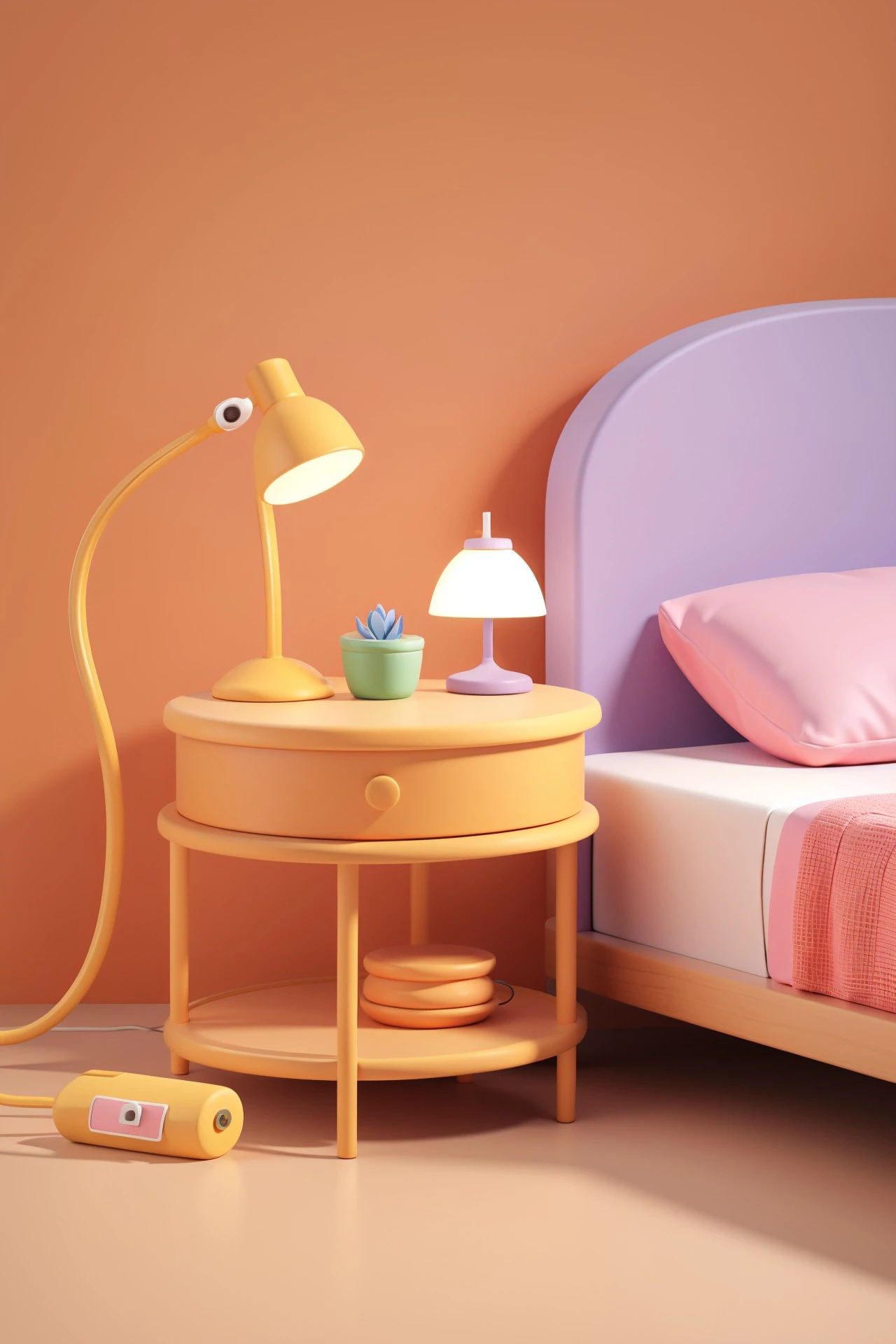 "3D style, Q version cute lamp design featuring a round, cartoonish base and a soft, glowing lampshade. The lamp is placed on a simple bedside table with a minimalist background, highlighting its charming and functional design."