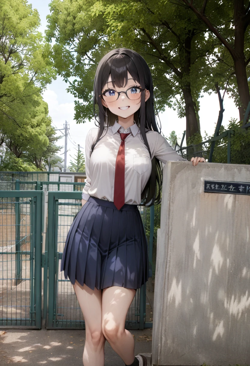 masterpiece, best quality, very aesthetic, absurdres,
1girl, solo, glasses, black hair, long hair, blue eyes, collared shirt, red necktie, pleated skirt, blue skirt, looking at viewer, blush, smile, happy, 
school gate, scenery, tree, outdoors, fence, day, power lines, sign, sky
<lora:schoolgate_SDXL_V1:1>