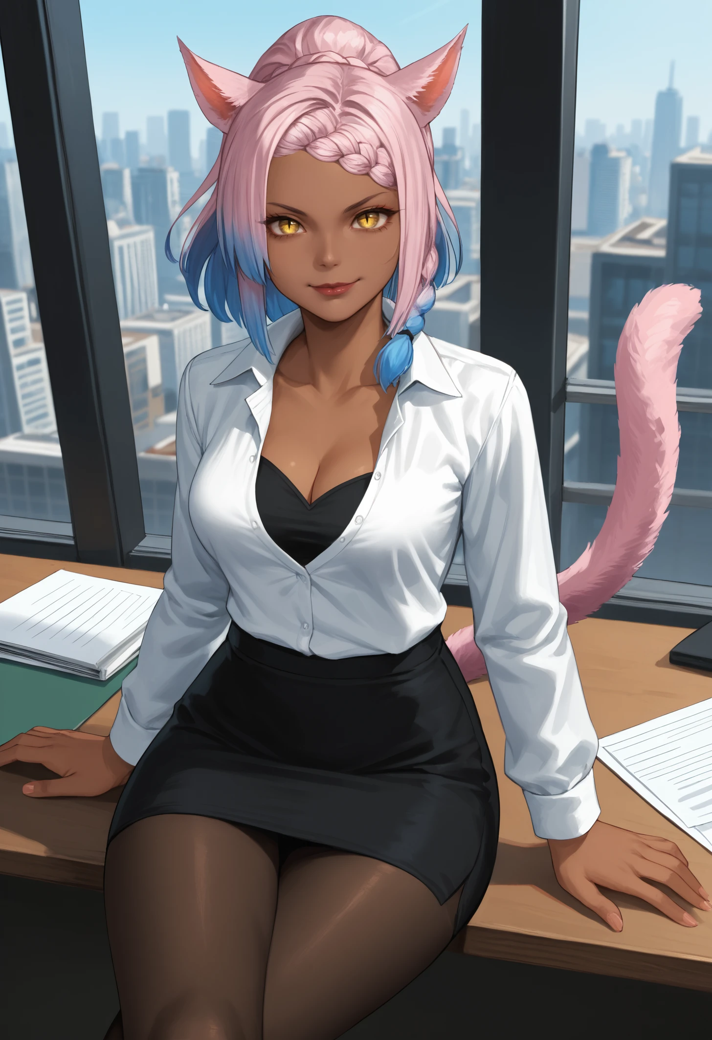 score_9, score_8_up, score_7_up, 1girl, eutropernd, dark-skinned female, yellow eyes, slit pupils, lipstick, animal ears, medium hair, two-tone hair, gradient hair, side braid, braid, ponytail, pink tail, cat tail, medium breasts,
dress shirt, skirt, cleavage, tight shirt, black pantyhose, (bursting breasts:0.9),
looking at viewer, smug, toned, sitting, crossed legs, sitting on table,
indoors, office, window, cityscape,
<lora:Wicked-Thunder-Eutrope-PDXL_V1-Manityro-CAME:1.0>,