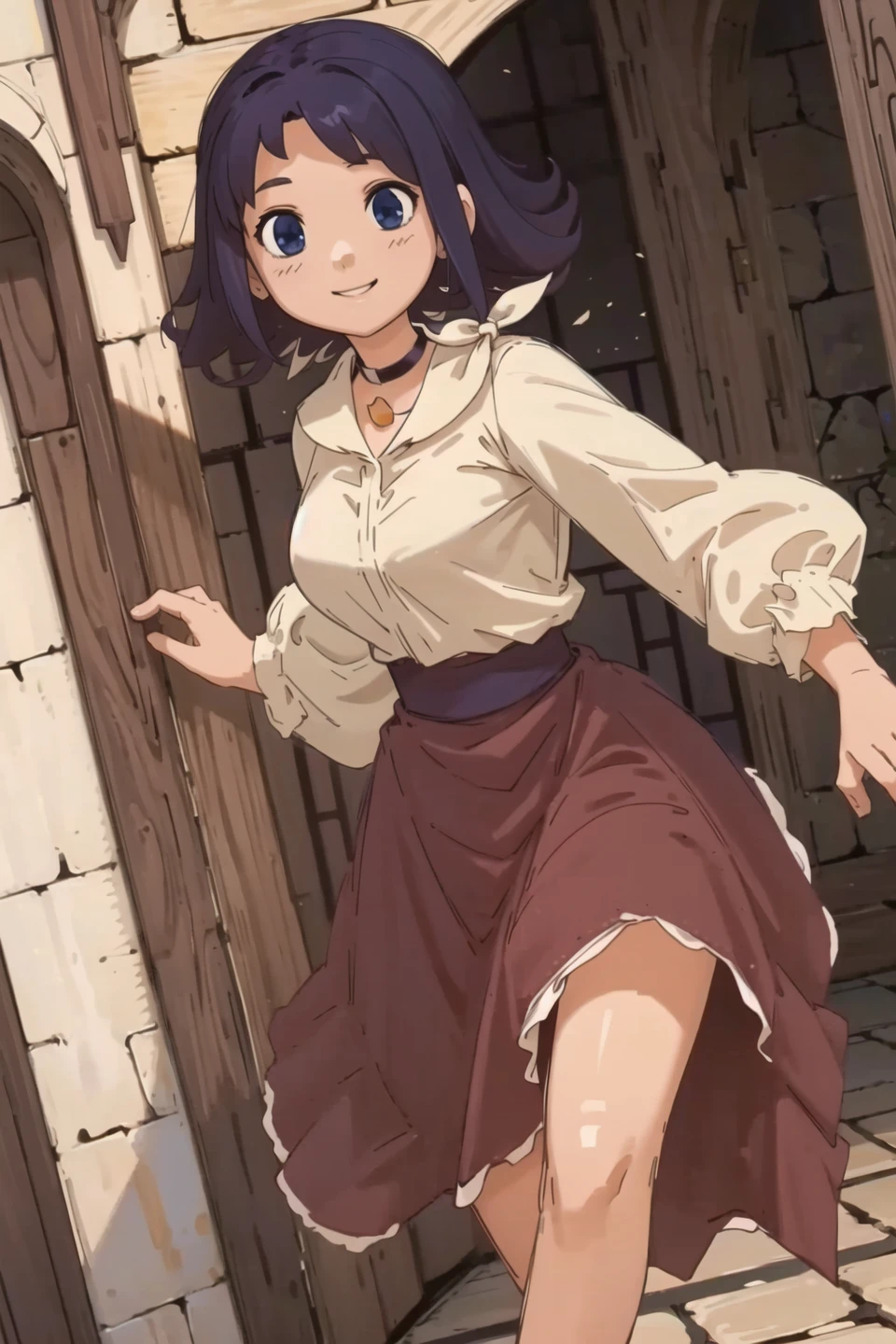 masterpiece, best quality, 1girl, masterpiece, highest quality, high quality, fantasy setting, extremely detailed background, 1girl, clotho, smile, indoors, inside a castle, <lora:clotho:1>, red dress, white shirt, purple hair, blue eyes, choker, running, detailed eyes