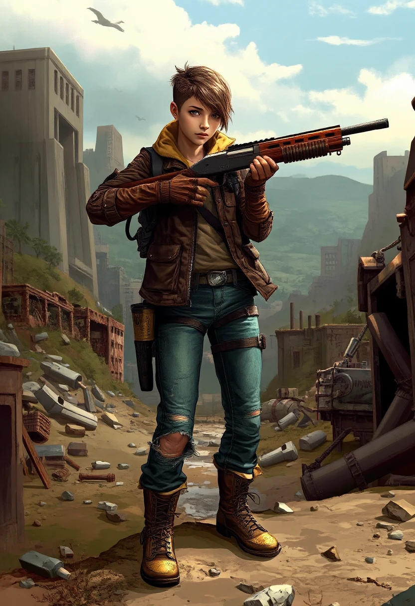 sehele style, Post-apocalyptic survivor, centered, wielding a shotgun, 1girl, rugged, short buzzcut that's flecked with gray and brown, weathered leather jacket with metal studs and multiple pockets for scavenged gear. She wears a pair of ripped and faded jeans, along with scuffed up combat boots that have seen their fair share of battles. A desolate wasteland with ruins and rubble scattered everywhere, with the distant hum of engines or machinery echoing through the air.