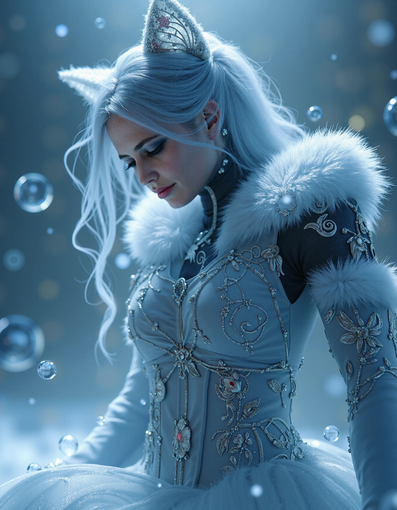 a ice Sorceress eva_gren of the earth from space, by makoto shinkai and thomas kincade trending on artstation. cgsociety digital matte painting 4k 8K ultra hd unreal engine 5 render highly detailed realistic lighting cute anime eyes cat ears smiling super robot with glowing neon red eye lens flare cinematic dramatic atmosphere high resolution award winning photograph 3D octane rendered in Unreal Engine hyper realism volumetric fog light god rays cyberpunk fantasy style dark atmospheric water reflections photorealistic shadows creepy greg rutkowski Artgerm , <lora:eva_green_flux_lora_v1:1>