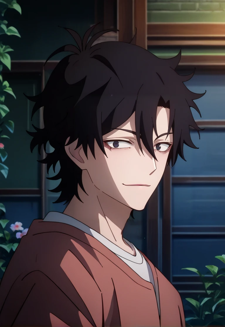 ,1boy,solo,chen_xiaoshi,male focus,black hair,medium hair,hair between eyes,score_9,score_8_up,score_7_up,source_anime,light smile,from side,look at viewer,<lora:chen_xiaoshi>