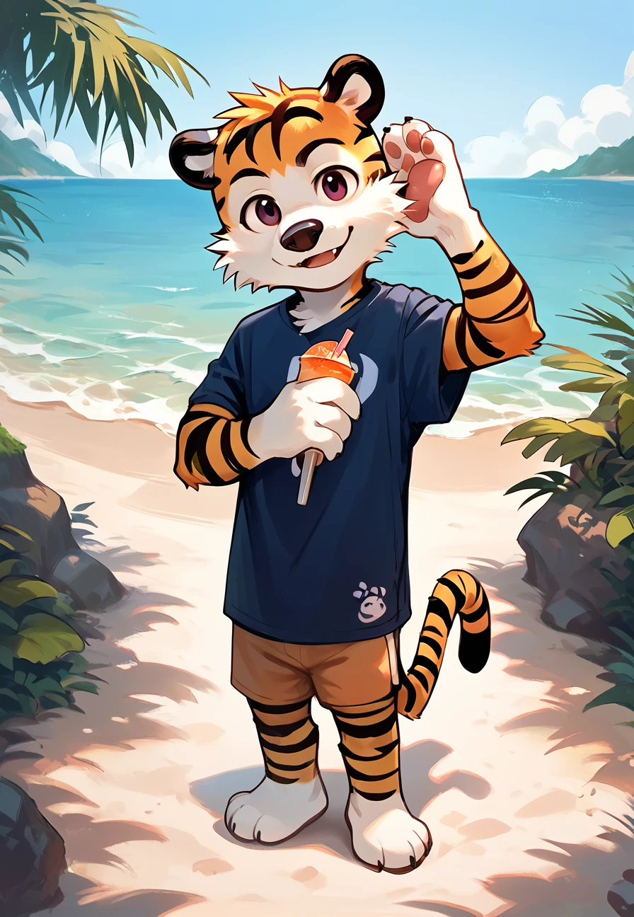 <lora:Hobbs V1:1> hobbesca, tiger, furry,  full body, score_9, score_8_up, score_7_up, score_6_up, score_5_up, score_4_up, looking at viewer,beach, source_furry, <lora:NAI3 Smooth Boys Style LoRA_Pony XL v6:0.8>, cub,young,