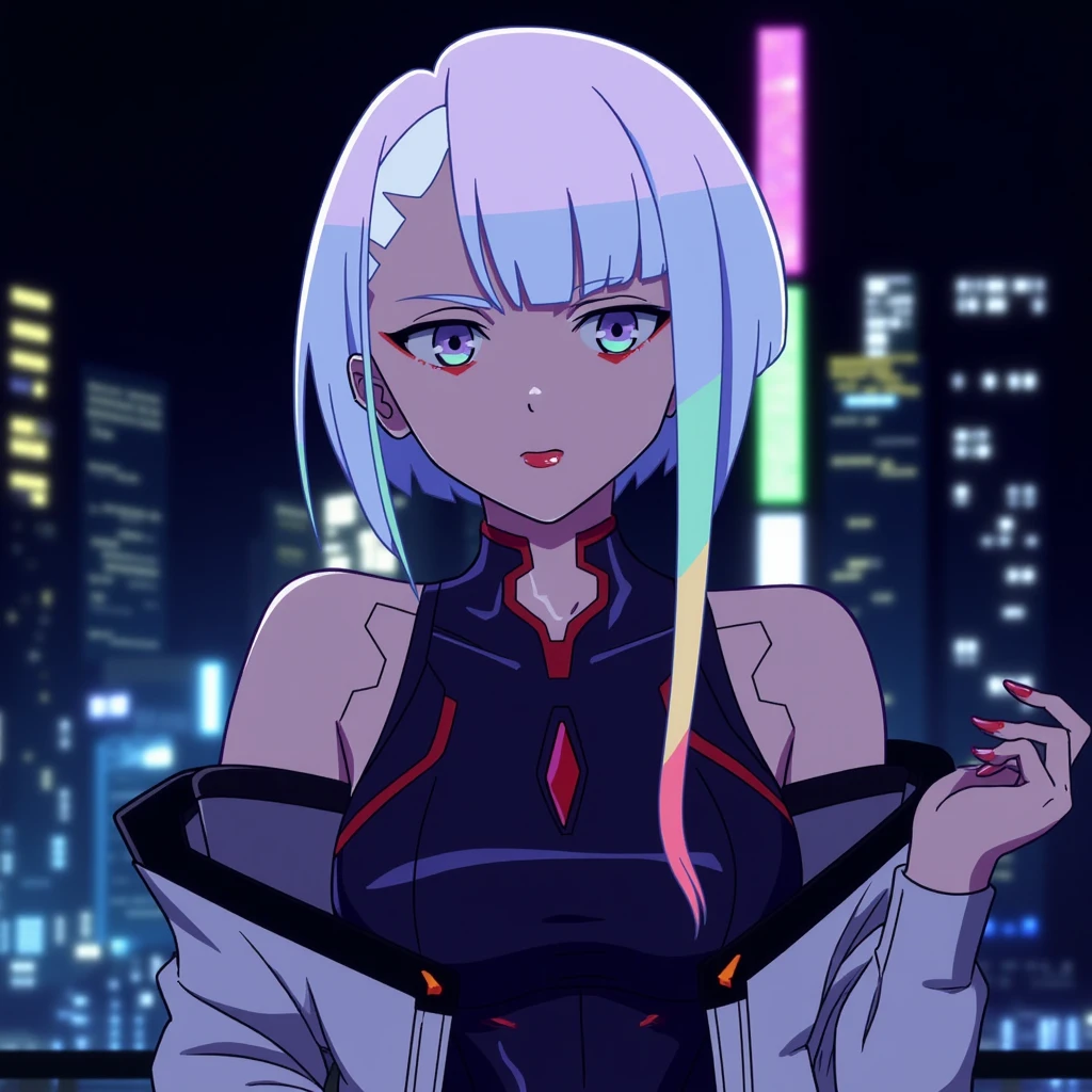 short hair, lucy (cyberpunk), 1girl, bangs, multicolored hair, red eyeliner, jacket, makeup, cyberpunk, white hair, bare shoulders, red lips, multicolored eyes, bodysuit, off-shoulder jacket, breasts, parted bangs, night, open clothes, off shoulder, blunt bangs