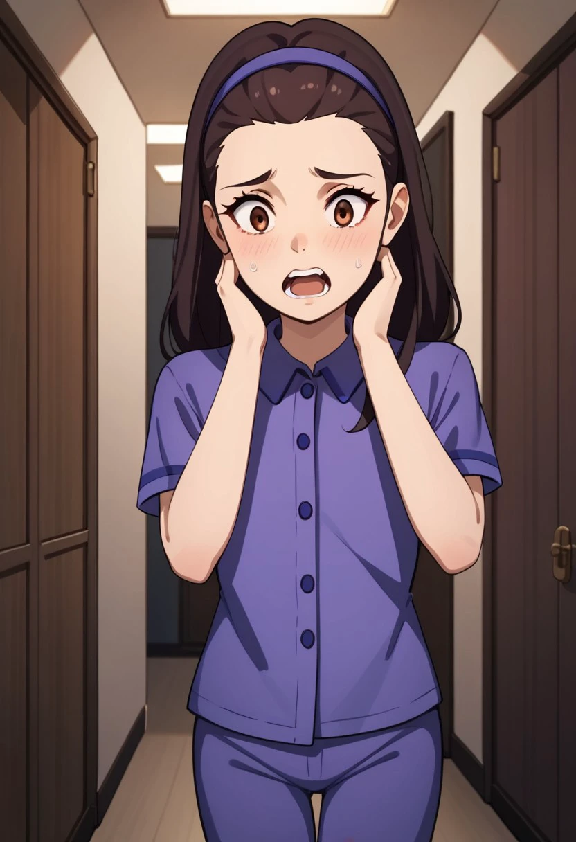 score_9, score_8_up, score_7_up, high quality, highres, MHPHEsther, 1girl, dark brown hair, long hair, brown eyes, purple headband, purple shirt, collared shirt, purple pants, short sleeves, pajamas, solo, indoors, hallway, young, Scared, dark room,